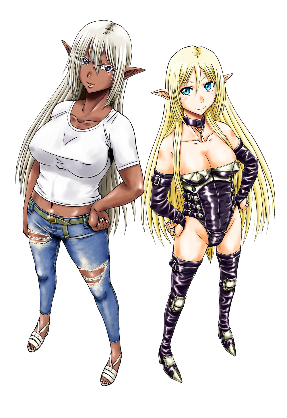 2girls blonde_hair blue_eyes breasts cleavage clothed collar cosplay costume_switch covered_nipples dark-skinned_female dark_elf dark_skin elf gate_-_jieitai_ka_no_chi_nite_kaku_tatakaeri jeans large_breasts leotard medium_breasts multiple_girls purple_eyes sao_satoru silver_hair strapless_leotard t-shirt thigh_boots torn_jeans tuka_luna_marceau very_long_hair yao_haa_dushi