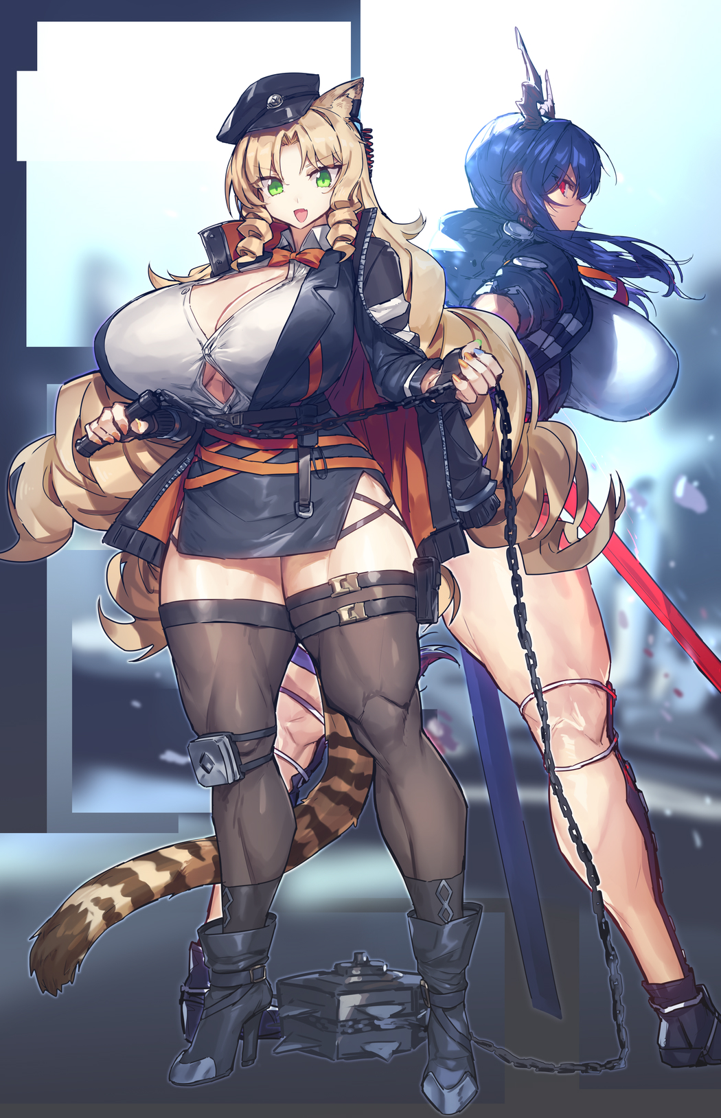 2girls arknights big_breasts blue_hair breasts busty ch'en_(arknights) curvy dragon dragon_girl dragon_horns female female_only green_eyes high_heels huge_breasts large_breasts long_hair massive_breasts melon22 multiple_girls red_eyes swire_(arknights) tagme thick_thighs thighhighs thighs tiger_ears tiger_girl tiger_tail tight_clothing