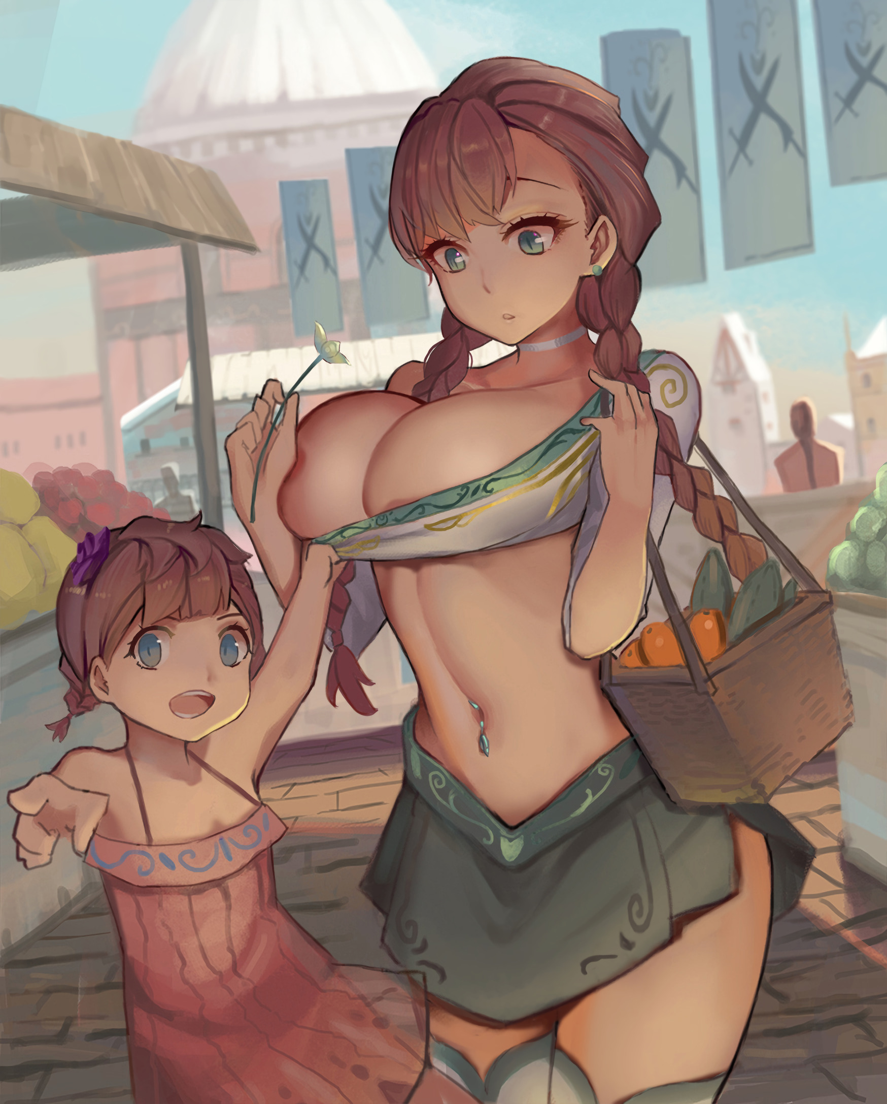 2girls, areola slip, areolae, artist request, assisted exposure, bare arms, basket, blue eyes, braid, breasts, brown hair, choker, cleavage, commentary request, cowboy shot, crop top, day, dress, earrings, female, flower, food, green eyes, green skirt, holding, holding flower, isher (liangzi tai hongcha), jewelry, large breasts, liangzi tai hongcha, linea alba, long hair, looking at viewer, market, multiple females, multiple girls, navel, navel piercing, open mouth, original, outdoors, parted lips, piercing, red dress, revealing clothes, skirt, smile, stomach, stud earrings, twin braids, vegetable, white choker