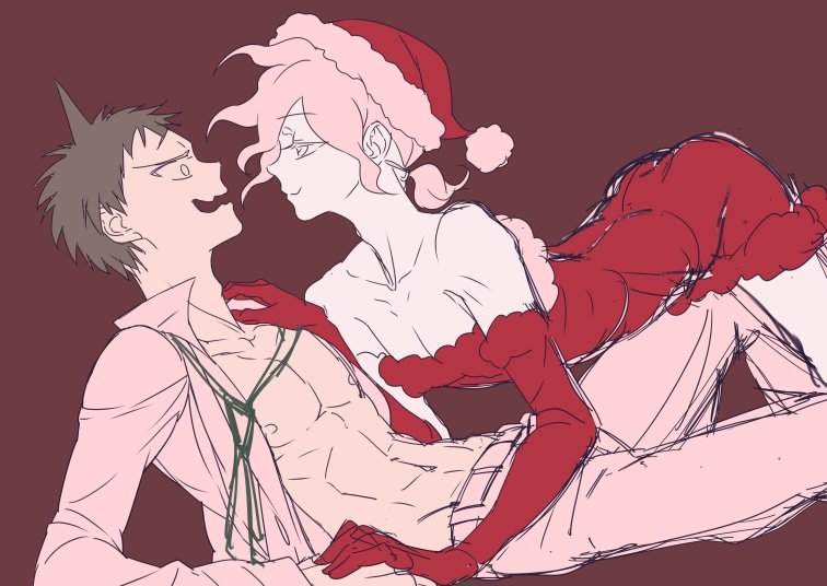 2boys abs arched_back bedroom_eyes christmas christmas_outfit danganronpa danganronpa_2:_goodbye_despair femboy gay hinata_hajime kilala013 male male/male male_only nagito_komaeda nervous open_clothes open_shirt pale-skinned_male pale_skin santa_costume santa_hat smile straight_hair yaoi