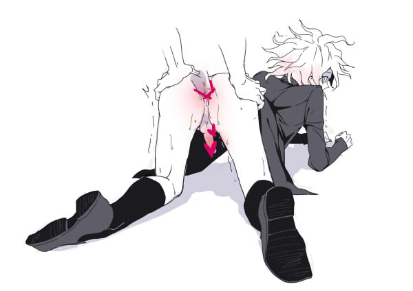 2boys anal anal_sex clothed clothed_sex danganronpa danganronpa_3 gay heart_censor kilala013 looking_back male male/male male_focus male_only male_penetrating nagito_komaeda solo_focus straight_hair white_hair yaoi