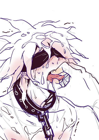 blindfold blush bondage chain_leash collar cum cum_on_body cum_on_face cum_on_hair cum_on_upper_body danganronpa danganronpa_ultra_despair_girls kilala013 leash male male_focus male_only nagito_komaeda servant_(danganronpa) solo_focus straight_hair tongue_out topless