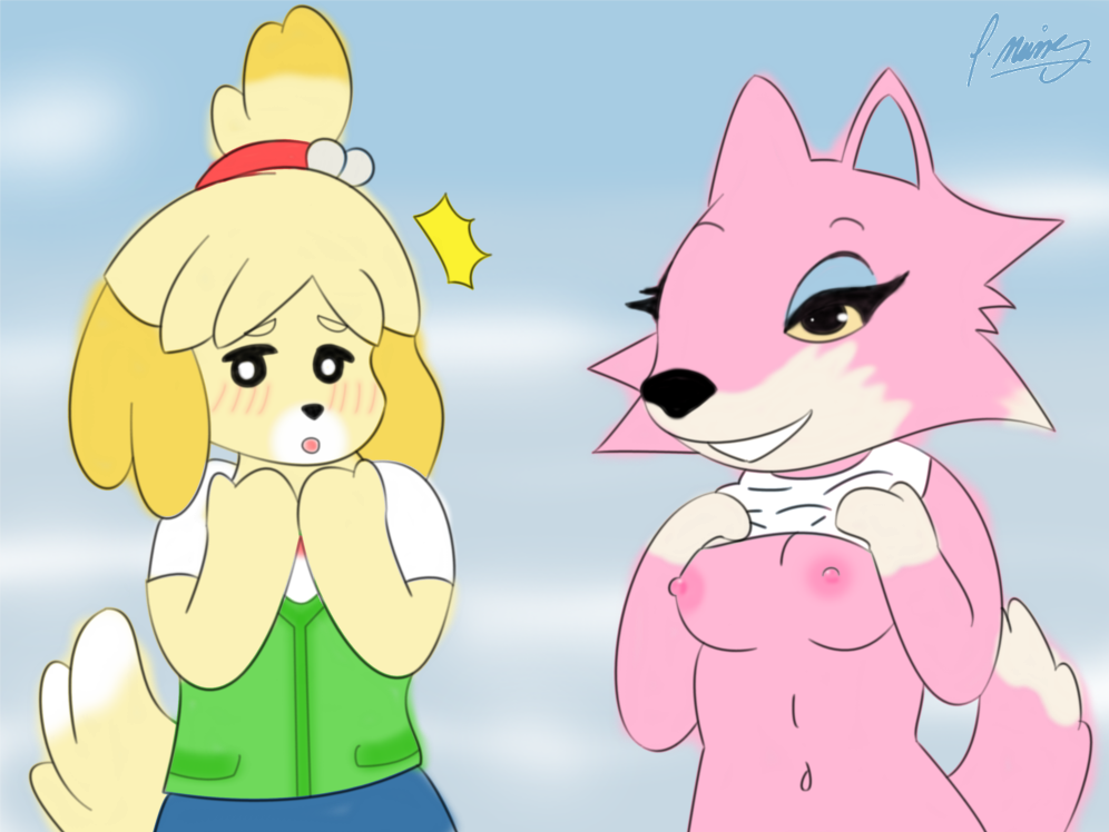 2girls animal_crossing anthro blush canine canine embarrassed exhibitionism eyeshadow female_only freya_(animal_crossing) furry isabelle_(animal_crossing) nintendo no_humans pgm-m pink_fur shirt_lift shocked smile tail wolf