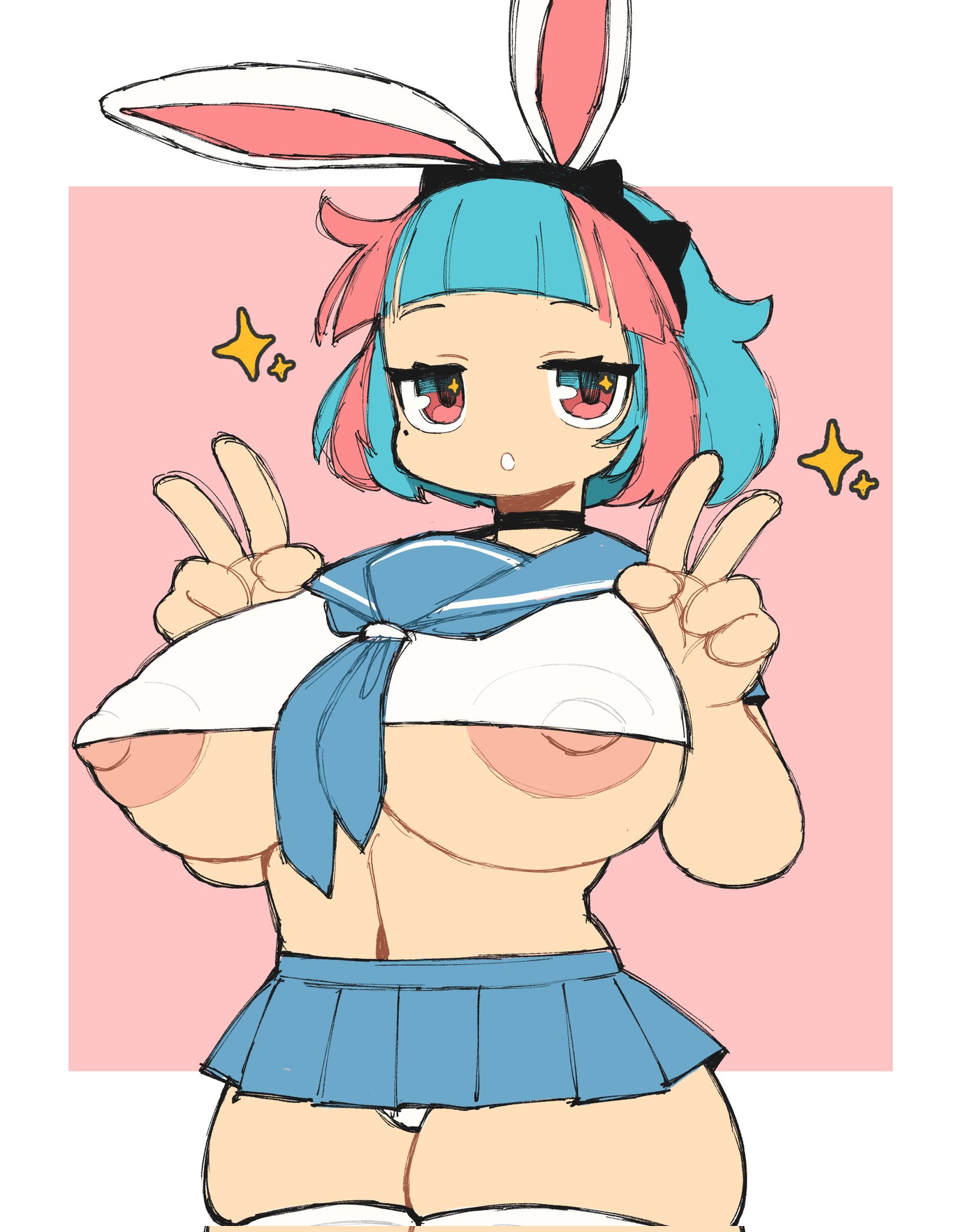 2021, big breasts, blue hair, blue skirt, breasts, choker, double peace sign, double v, erect nipples, erect nipples under clothes, female, half-closed eyes, huge breasts, human, human only, large areolae, mctamagomaki, nipples, panties, pantyshot, peace sign, pink eyes, pink hair, pose, rabbit ears, school uniform, schoolgirl, short skirt, solo, solo female, sparkle, thick thighs, thighhighs, thin waist, underboob, v, white stockings, wide hips, younger female