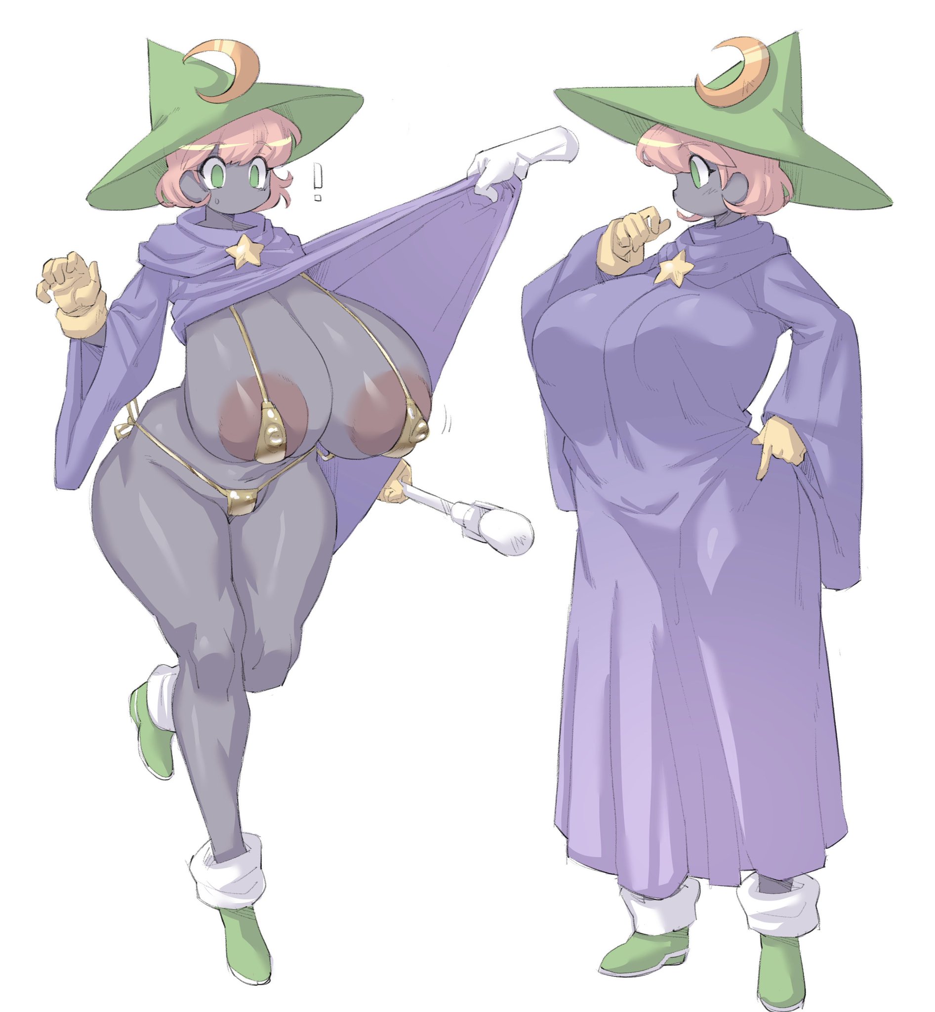 !, big areola, big breasts, big nipples, breasts, cloak, clothing, female, gloves, green eyes, huge breasts, large breasts, magic user, micro bikini, pink hair, purple clothing, robe, sakana8888888, shoes, skirt lift, staff, thick thighs, wide hips, witch, wizard hat