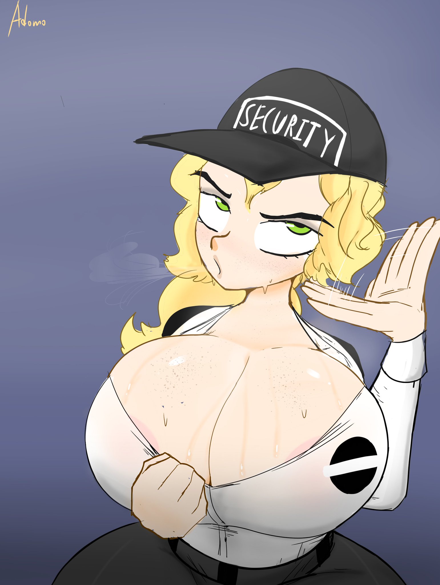 1girls, 5 fingers, adomo, airing out, alternate ass size, alternate breast size, areola slip, areolae, atomboi (artist), big breasts, blonde hair, blowing, breasts, cap, child bearing hips, cleavage, clothed, clothes, clothing, clothing pull, eyebrows, eyelashes, fanning, fanning self, female, female only, five nights at freddy's, five nights at freddy's: security breach, freckles, fully clothed, green eyes, grey background, hips, huge breasts, human, human only, humanoid, large breasts, nipples, no bra, ponytail, security guard, see-through, see-through clothing, solo, solo female, sweat, sweatdrop, sweating, sweaty, text, thick, thick thighs, thighs, top heavy, vanessa (fnaf), visible breath, watermark, wet, wide hips