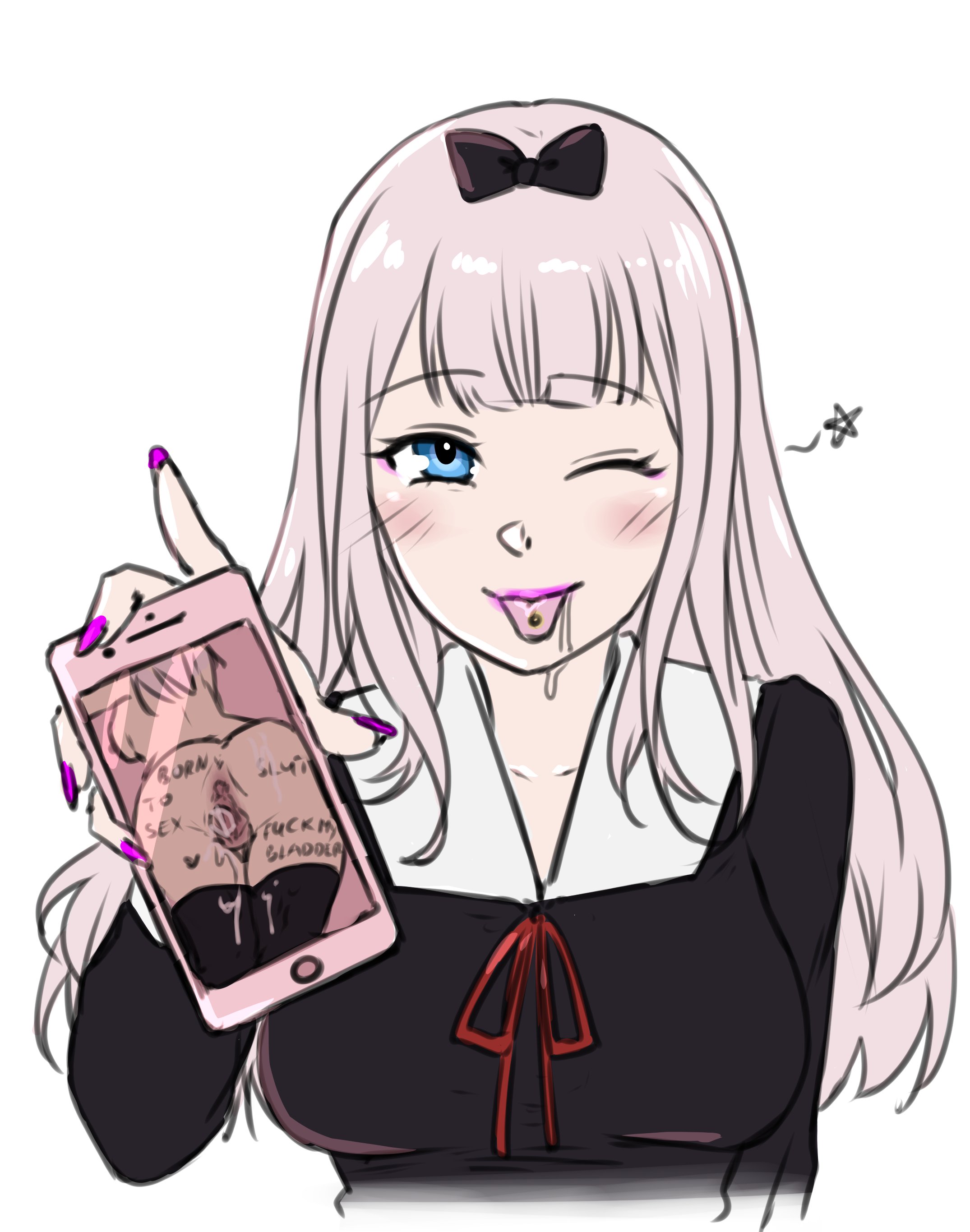 absurdres, anus, ass, backboob, black bow, black legwear, blue eyes, blush, body writing, bow, breasts, cellphone, commission, cum, cum in female urethra, cum in urethra, cum on legwear, cumdrip, eyebrows visible through hair, eyelashes, eyeshadow, female, fingernails, fujiwara chika, functionally nude, highres, holding, holding phone, kaguya-sama wa kokurasetai ~tensai-tachi no renai zunousen~, lipstick, looking at viewer, makeup, medium hair, nail polish, ninnikuchan, one eye closed, phone, piercing, pink hair, pink lips, pink nails, pussy, school uniform, simple background, smartphone, thighhighs, tongue, tongue out, tongue piercing, uncensored, wink, writing on ass