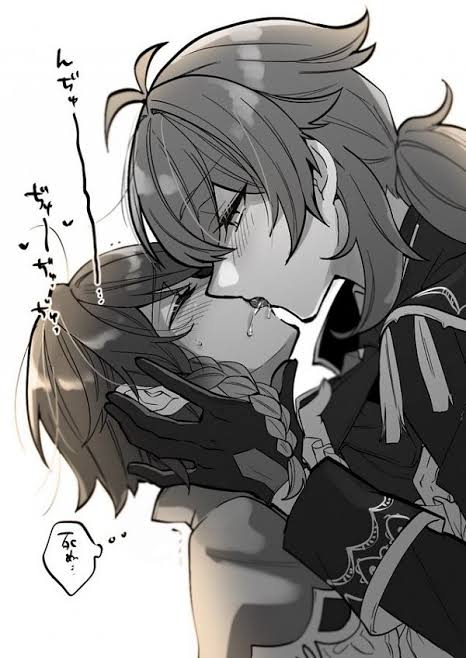 2boys, black and white, braids, diluc (genshin impact), diluven, french kissing, gay, genshin impact, kissing, kokuchuutei, male, male only, purindarute0v0, saliva, venti (genshin impact), yaoi
