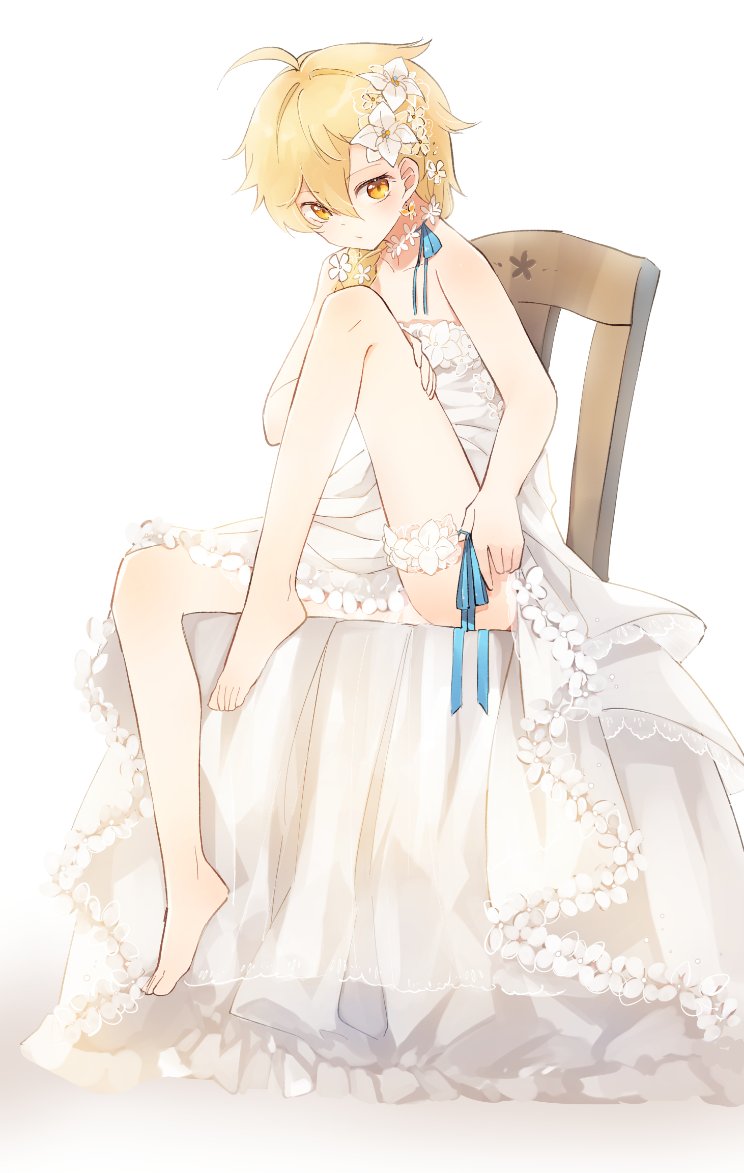 1boy, aether (genshin impact), blonde hair, blush, crossdressing, dress, dress lift, earring, femboy, flowers, frills, gay, genshin impact, girly, gold eyes, legs, long hair, male, male bride, male only, male wife, petite, ribbon, shy, small waist, solo, tagme, thighs, twink, wedding dress, white skin, yaoi