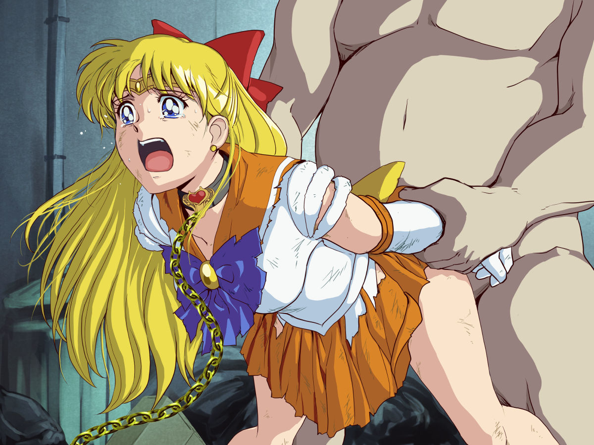 1boy 1girls arms_held_back begging begging_for_mercy bending_over bent_over big_dom_small_sub bishoujo_senshi_sailor_moon blonde_hair blue_eyes bodysuit bow captured chain_leash chains choker clothed_sex clothing collar crying crying_with_eyes_open defeated doggy_style earrings fat_man forced gloves grabbing hair_ornament hair_ribbon helpless kidnapped leash long_gloves long_hair minako_aino moaning orange_clothing partial_male rape red_ribbon sailor_senshi_uniform sailor_uniform sailor_venus screaming size_difference skirt small_breasts tare-katsu tiara torn_clothes torn_clothing wrist_grab