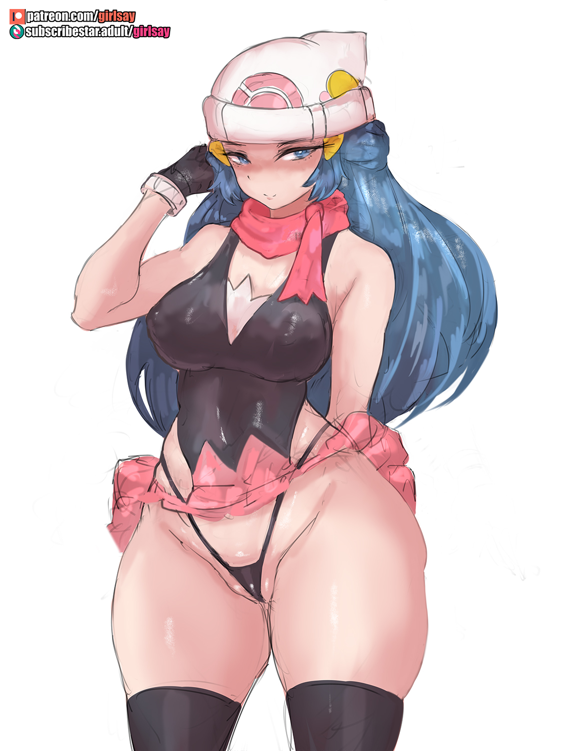 1girls, 2021, alternate breast size, black panties, black topwear, blue eyes, blue hair, breasts, dawn (pokemon), female, female focus, female only, girlsay, hat, highleg panties, hips, large breasts, long hair, looking at viewer, naughty face, nintendo, panties, pink skirt, pokemon, pokemon dppt, short skirt, simple background, skirt, slim waist, smile, solo, solo female, thick thighs, thighs, white background, white hat, wide hips