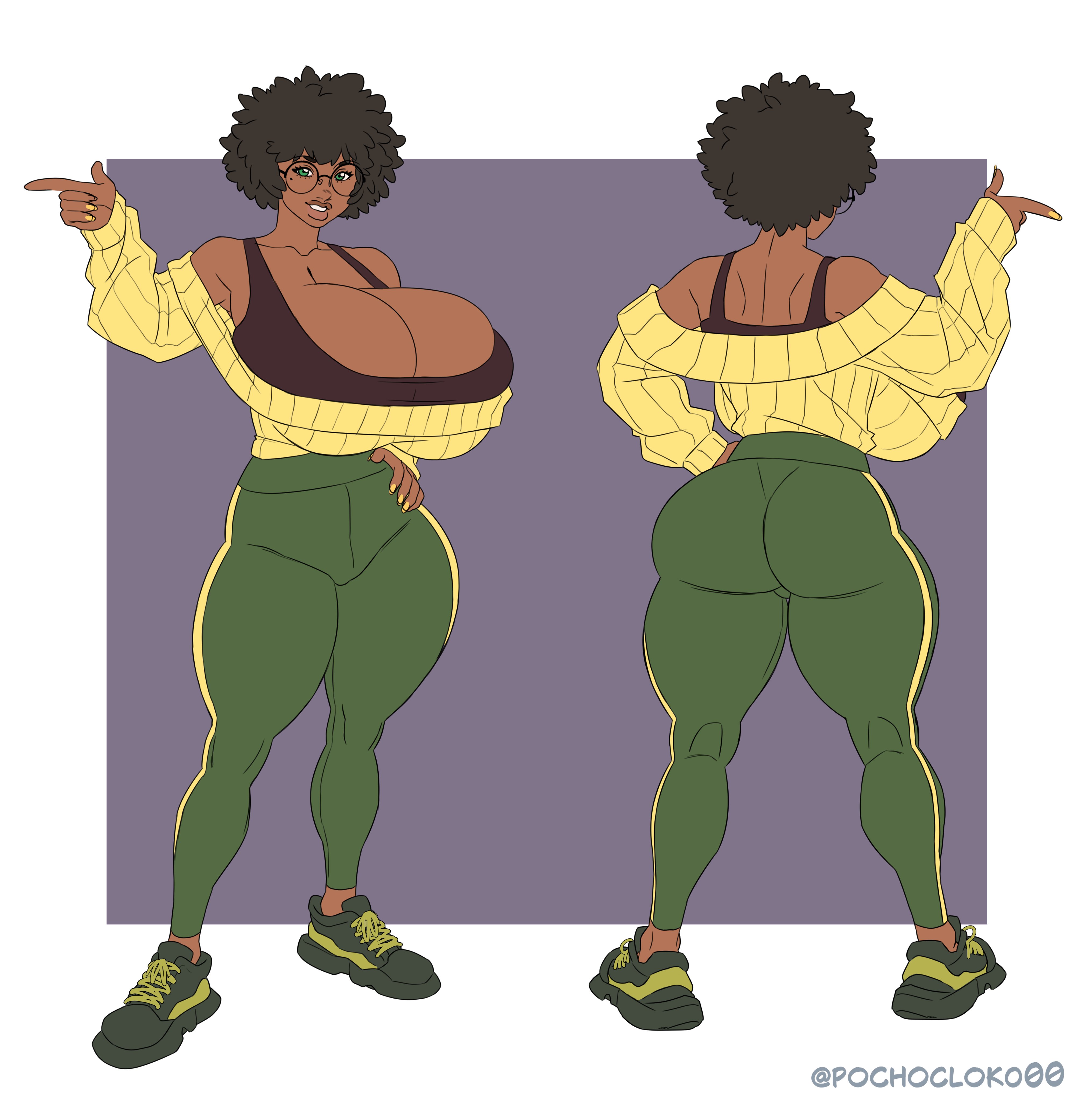 2d, 2d (artwork), 2d artwork, ass, bottomwear, breasts, clothes, dark skin, dark-skinned female, female, glasses, greenpeyes, hair, lips, original, original character, pochoclogigi, pochocloko00, short, shos, topwear