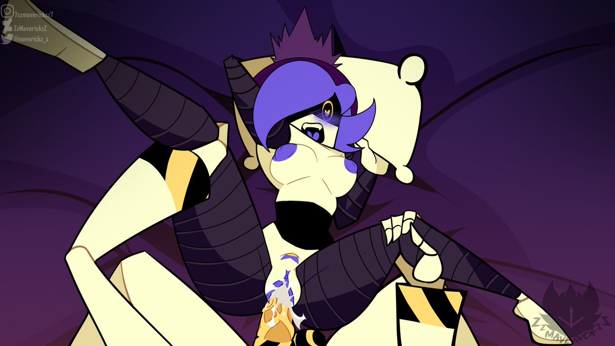 1boy, 1girls, bed, bedroom, blush, cum, cum in pussy, grabbing legs, heart, heart-shaped pupils, intercourse, male/female, murder drones, n (murder drones), purple eyes, purple hair, sex, straight, straight sex, tail, thighs, uzi (murder drones), yellow cock, zzmaverickzz