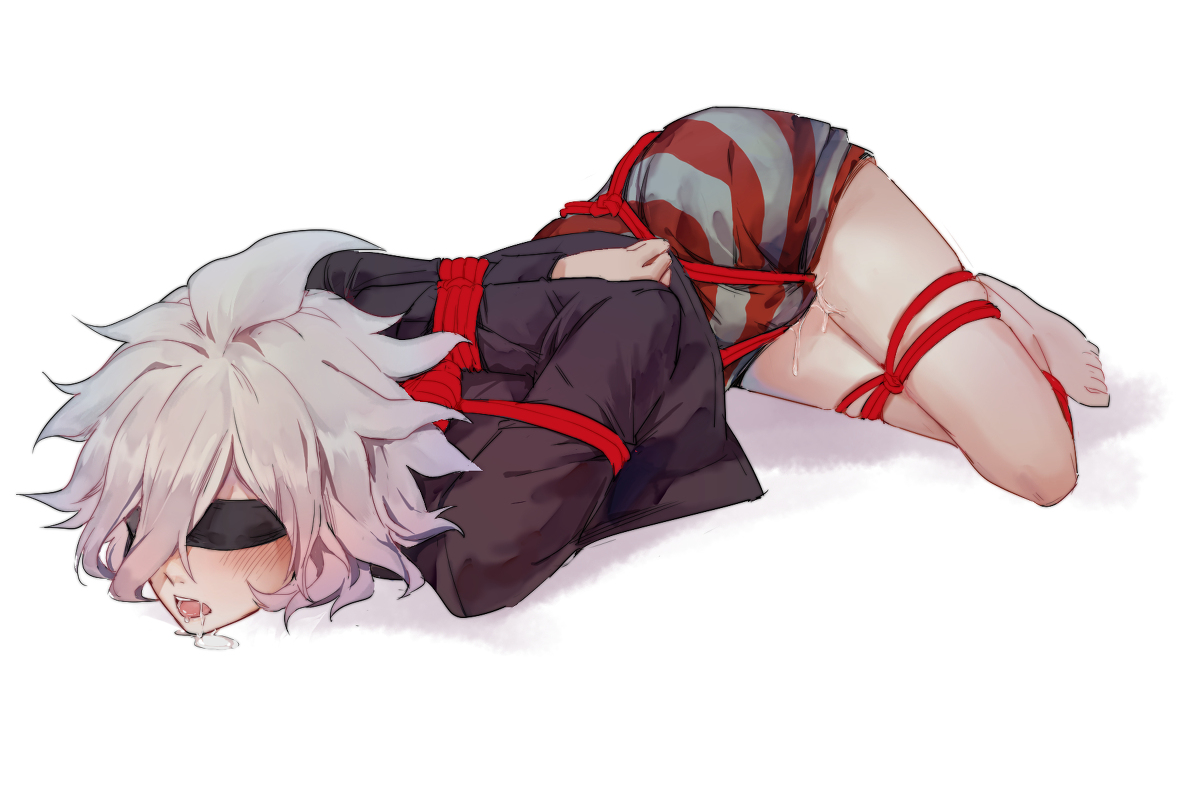 1boy, ahoge, arms behind back, blindfold, blush, bondage, bottomless, bound, bound legs, bulge, bulge through clothing, clothed, cum, danganronpa, danganronpa ultra despair girls, drooling, erection, male, male focus, nagito komaeda, open mouth, red rope, rope bondage, servant, servant (danganronpa), solo, solo male, straight hair, white hair