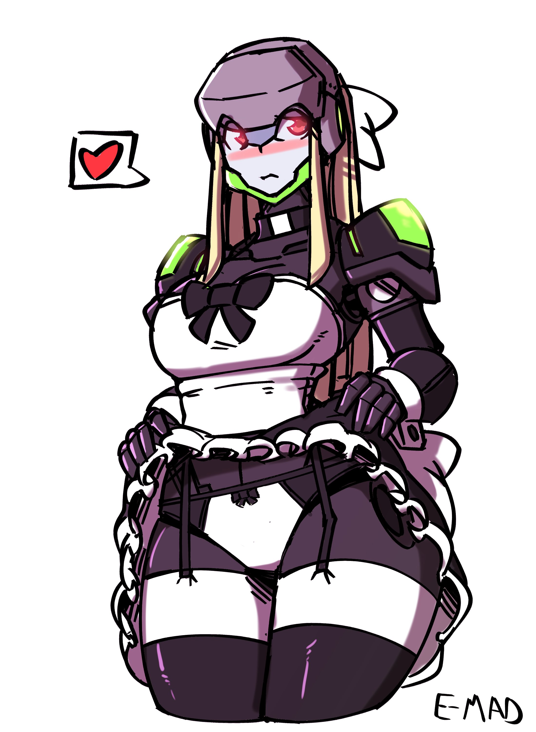 1girls, absurdres, artist name, blonde hair, blush, bow, clothes lift, darling in the franxx, female, garter straps, genista, headgear, heart, highres, long hair, maid, mecha, mecha musume, panties, rakihiro, robot, skirt, skirt lift, skirt lifted by self, spoken heart, thighhighs, underwear