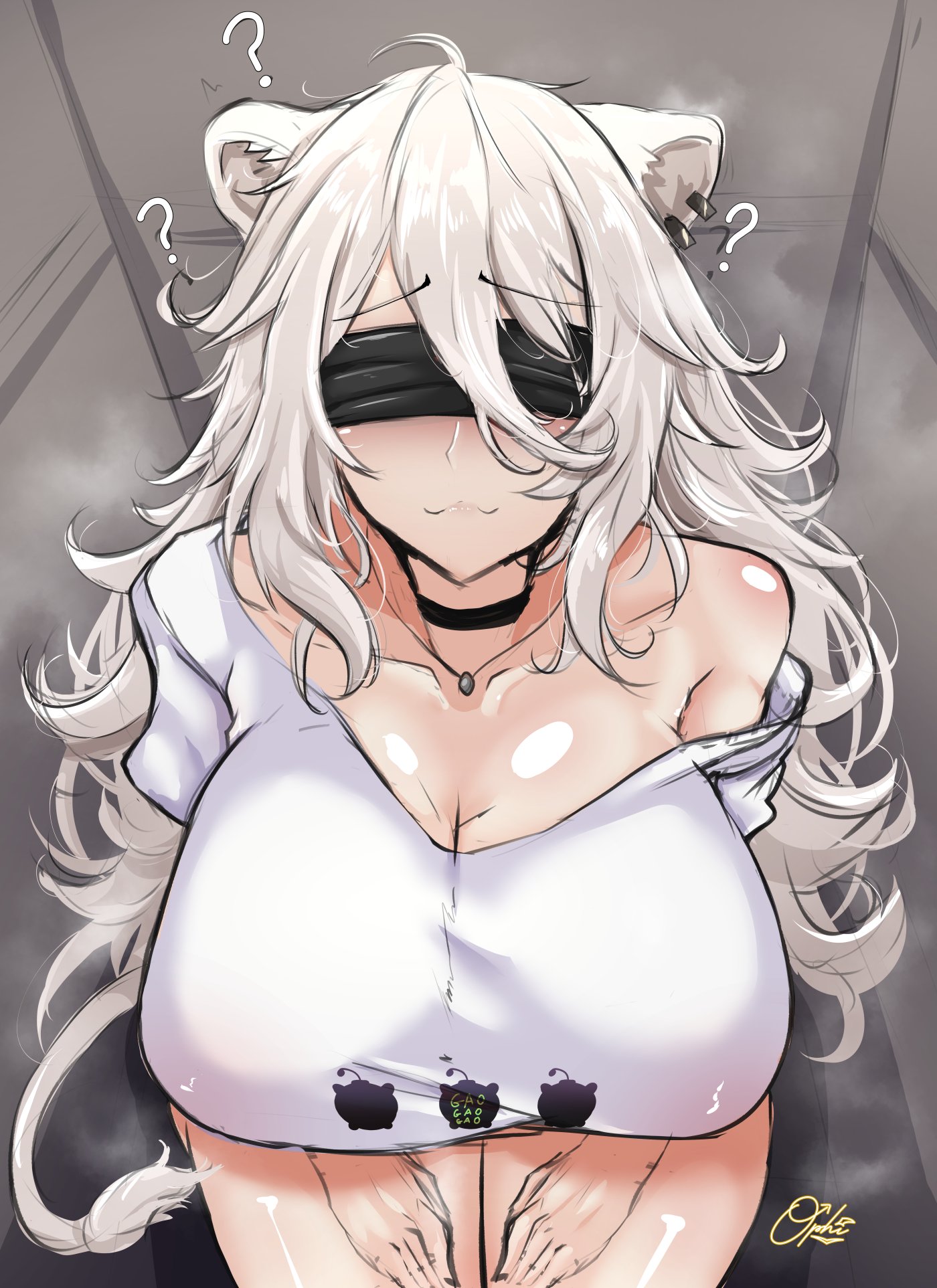 1girls, blindfold, clothed, clothing, female, hololive, hololive japan, lion ears, lion girl, long hair, ophimon, shishiro botan, topwear, virtual youtuber, vtuber, white hair