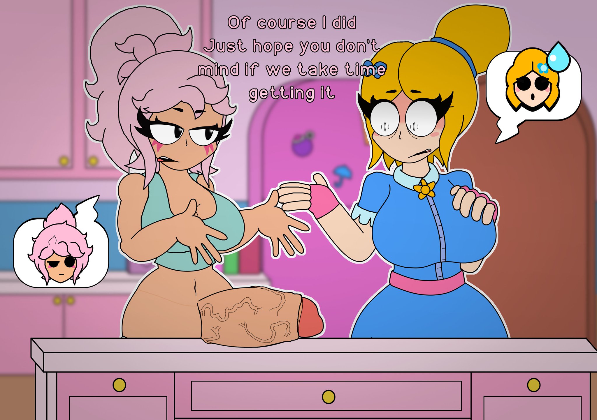 1futa, 2girls, big penis, blonde hair, brawl stars, dialogue, dickgirl, female, female focus, futanari, janet (brawl stars), pink hair, piper (brawl stars), sex, text, verdoshonsfw