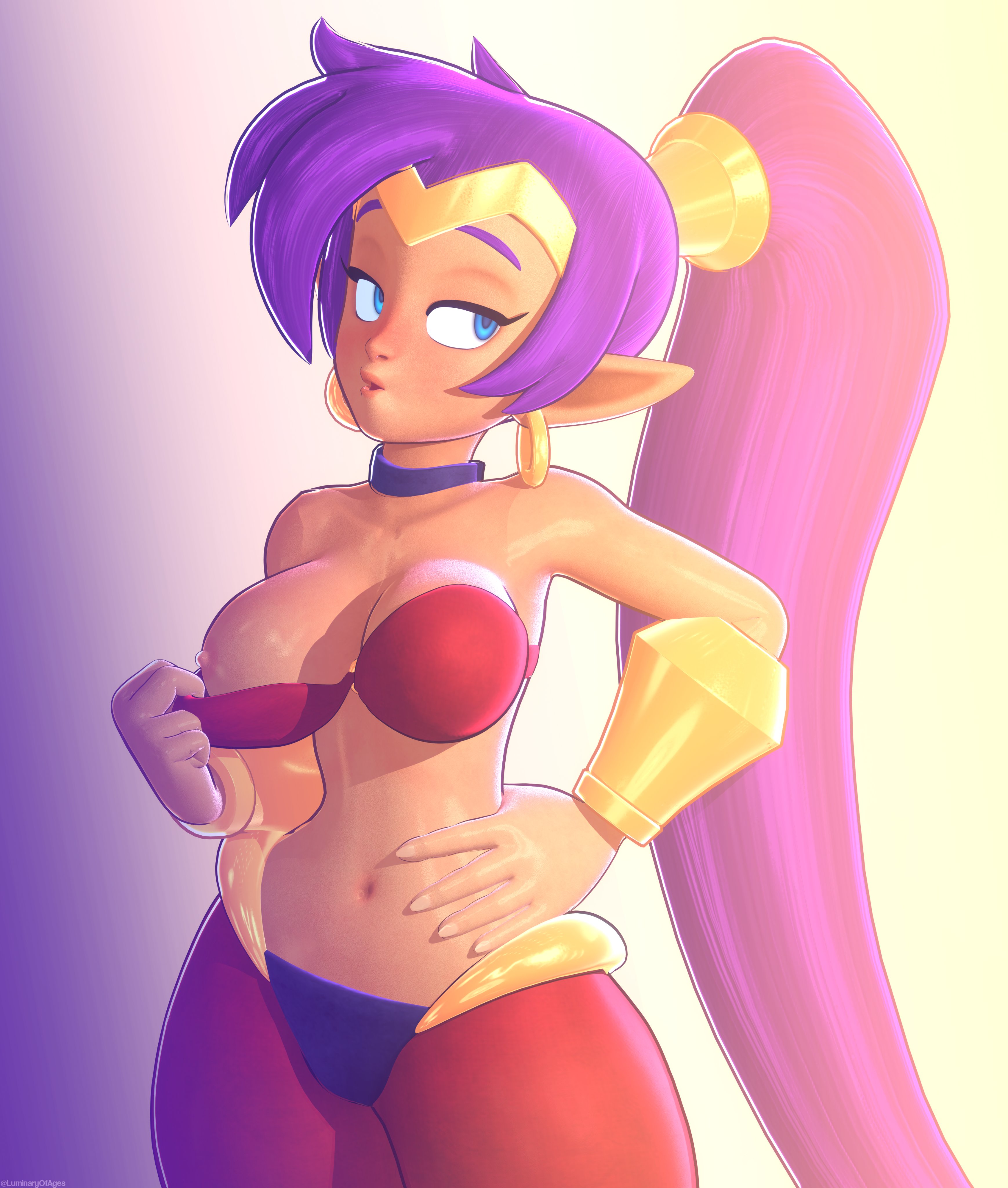 1girls, 3d, 3d (artwork), breasts, dark skin, dark-skinned female, earrings, exposed breast, female, female only, flashing, genie girl, highres, luminaryofages, nipples, pointy ears, ponytail, purple hair, shantae, shantae (character), shantae (rafaknight), side glance, solo, solo female, tiara