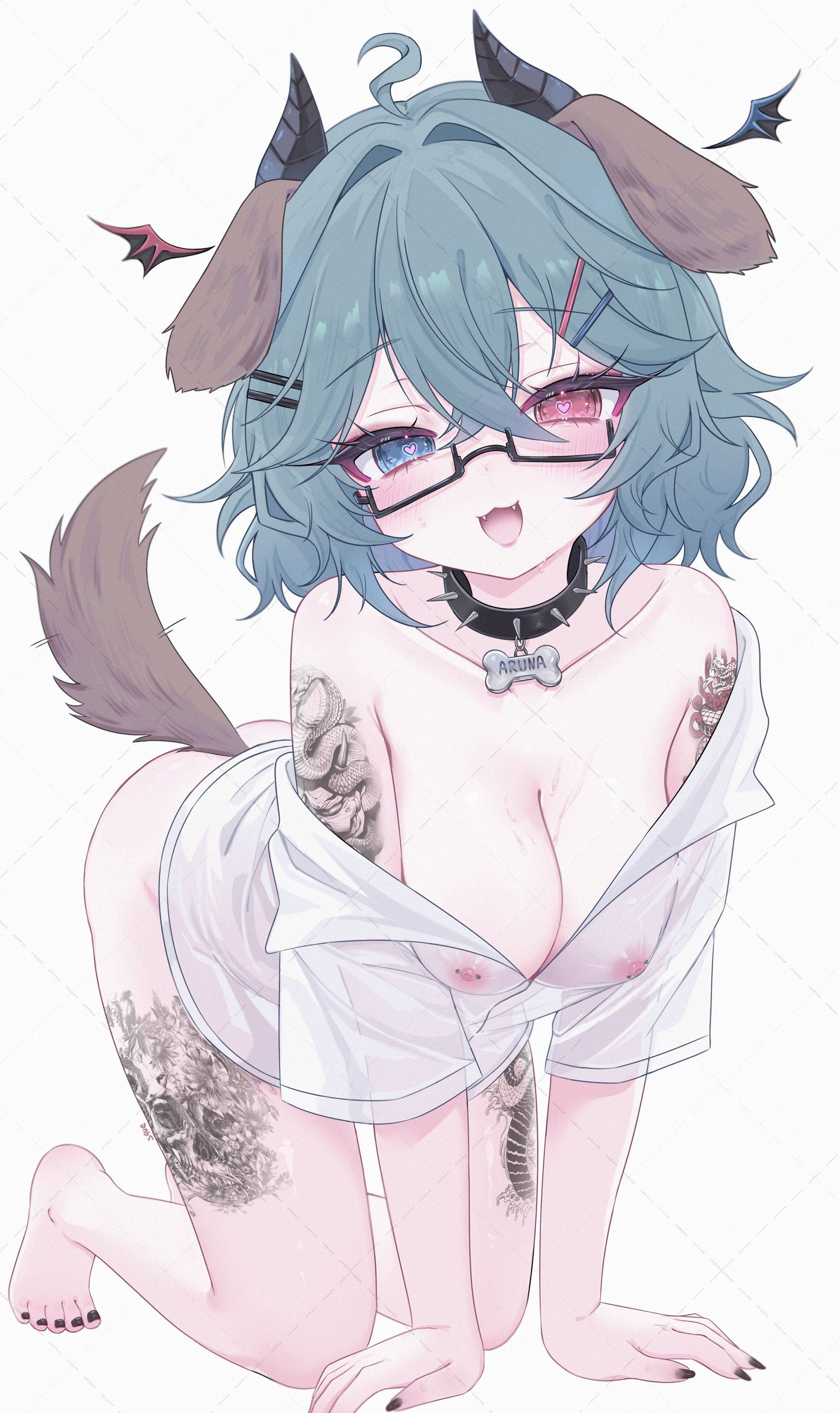 1girls, all fours, animal ears, bare shoulders, blue hair, blush, bottomless, breasts, character request, collar, copyright request, dog ears, dog tail, female, female focus, female only, glasses, heart-shaped pupils, heterochromia, horns, large breasts, looking at viewer, loose clothes, medium breasts, mostly nude, nipples, nipples visible through clothing, open mouth, see-through, shirt, short hair, smile, solo, spiked collar, tattoos, teeth, thighs, transparent clothing, white background, zxcsque