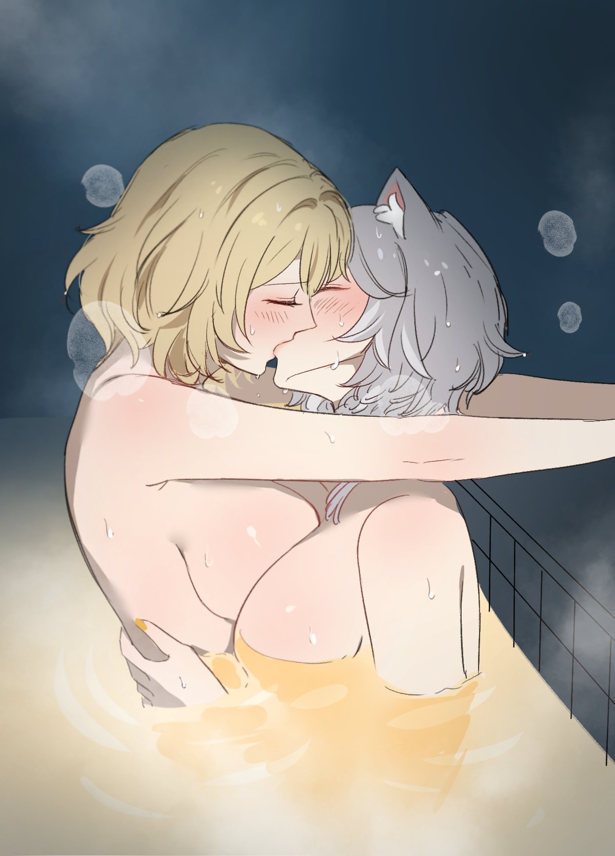 2girls, 9 (hcl9fg), aglaea (honkai: star rail), breasts, cipher (honkai: star rail), female, honkai: star rail, kissing, nude, tagme, water, yuri