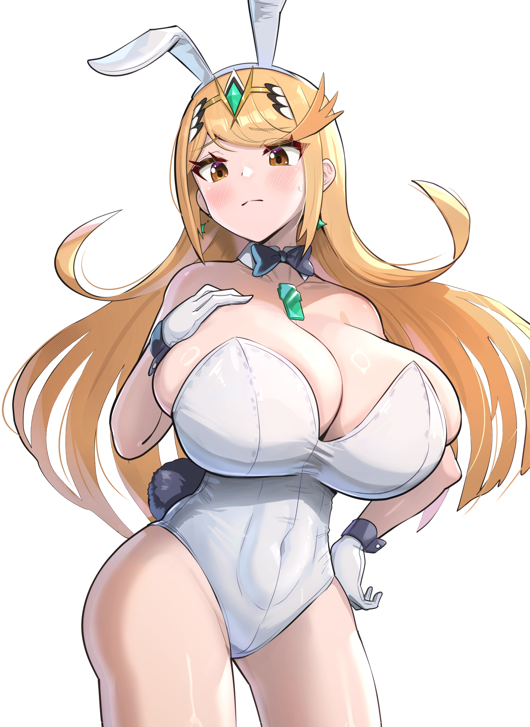 1girls, bunny ears, bunny girl, bunnysuit, core crystal, curvy, gigantic breasts, gonzarez, gonzarez1938, hand on breast, mythra, mythra (xenoblade), solo, thick ass, white bunnysuit, wide hips, xenoblade (series), xenoblade chronicles 2