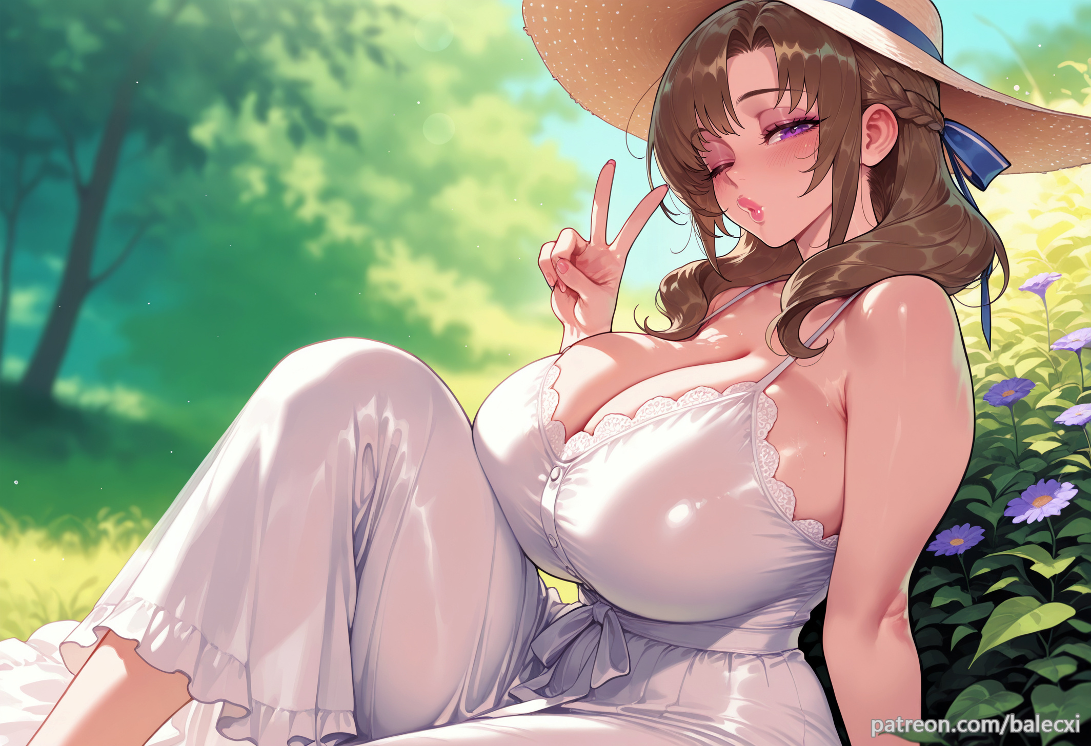 ai generated, balecxi, bare shoulders, blurry, blurry background, braid, brown hair, cleavage, day, female, flower, grass, huge breasts, knee up, looking at viewer, mature female, medium hair, one eye closed, oosuki mamako, outdoors, purple eyes, ribbon, sitting, solo, sun hat, sundress, tree, tsuujou kougeki ga zentai kougeki de ni-kai kougeki no okaasan wa suki desu ka?, v, white dress