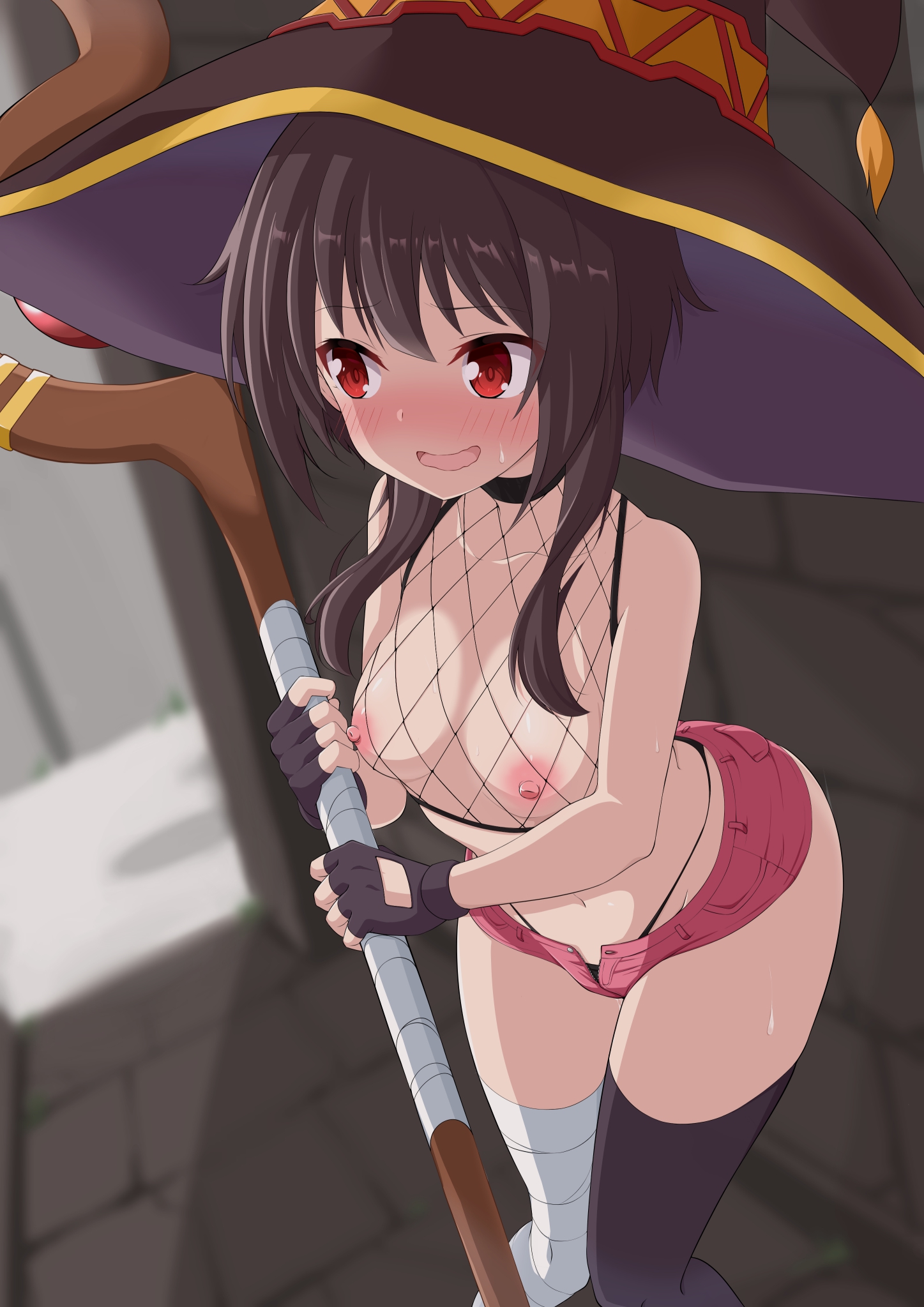 1girls, bandaged leg, bandages, bare shoulders, black legwear, black panties, blush, breasts, brown hair, choker, cleavage, female, female only, fingerless gloves, fishnet shirt, fishnets, gloves, hat, highres, kono subarashii sekai ni shukufuku wo!, maruta (denmasked), megumin, nipples, panties, red eyes, short shorts, shorts, sidelocks, small breasts, smile, solo, sweat, thighhighs, underwear, witch hat