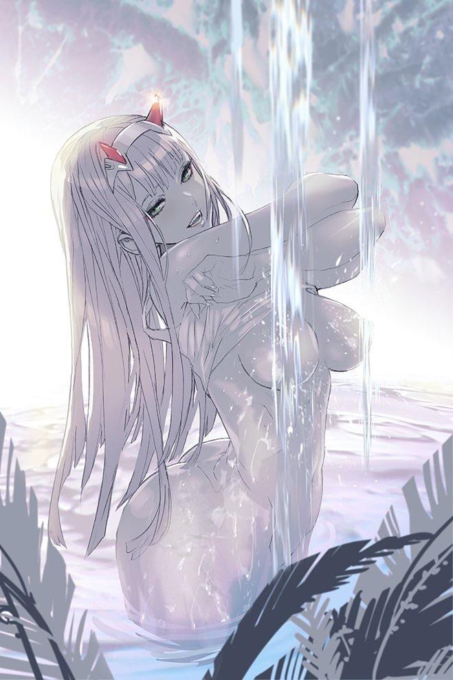 ass, big ass, breasts, darling in the franxx, female, lake, undressing, wide hips, zero two (darling in the franxx)