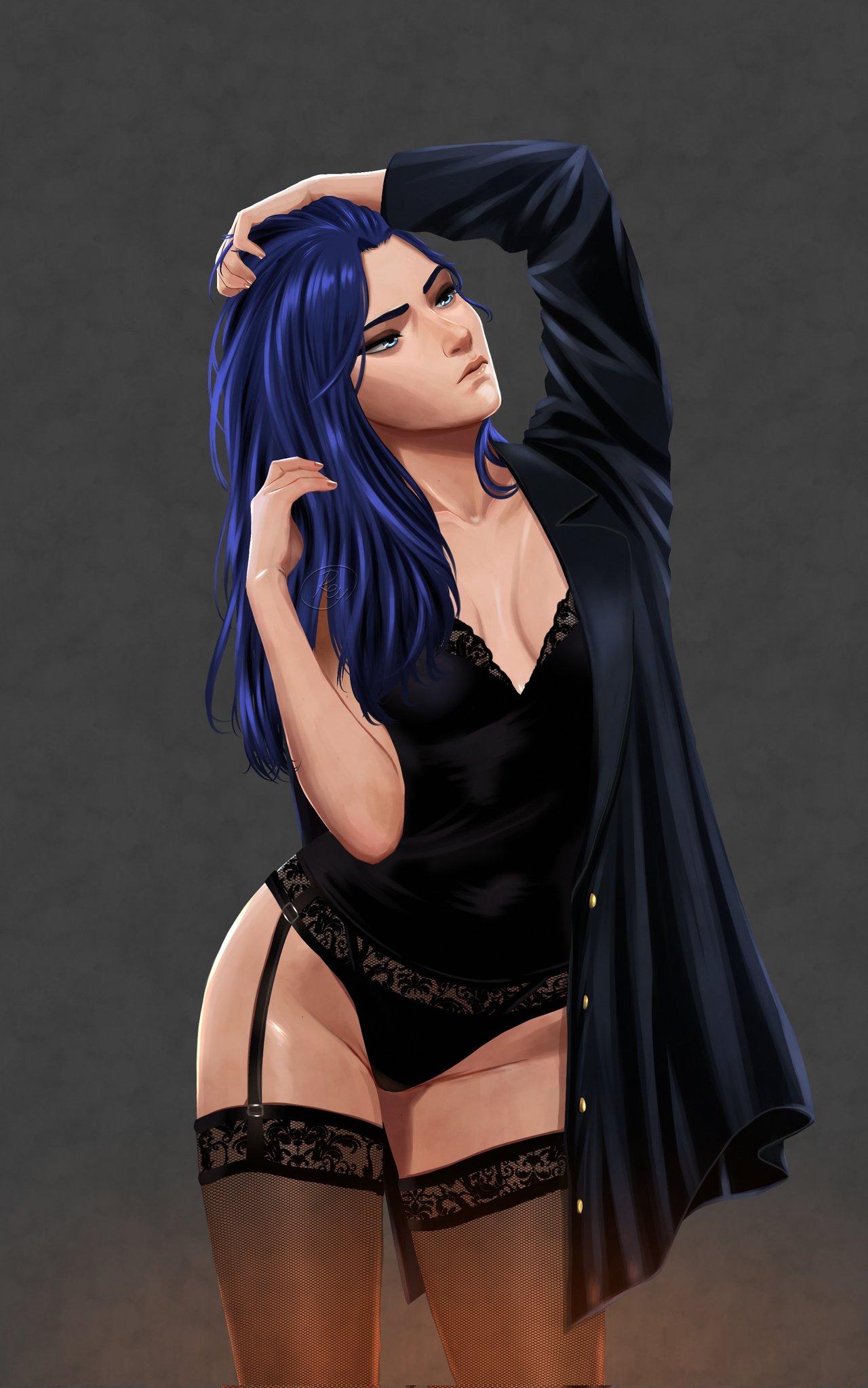 1girls, arcane, arcane caitlyn, blue hair, caitlyn kiramman, curvy, curvy body, curvy female, curvy figure, curvy hips, female, league of legends, lingerie, playing with hair, sexy pose, small breasts, solo, solo female