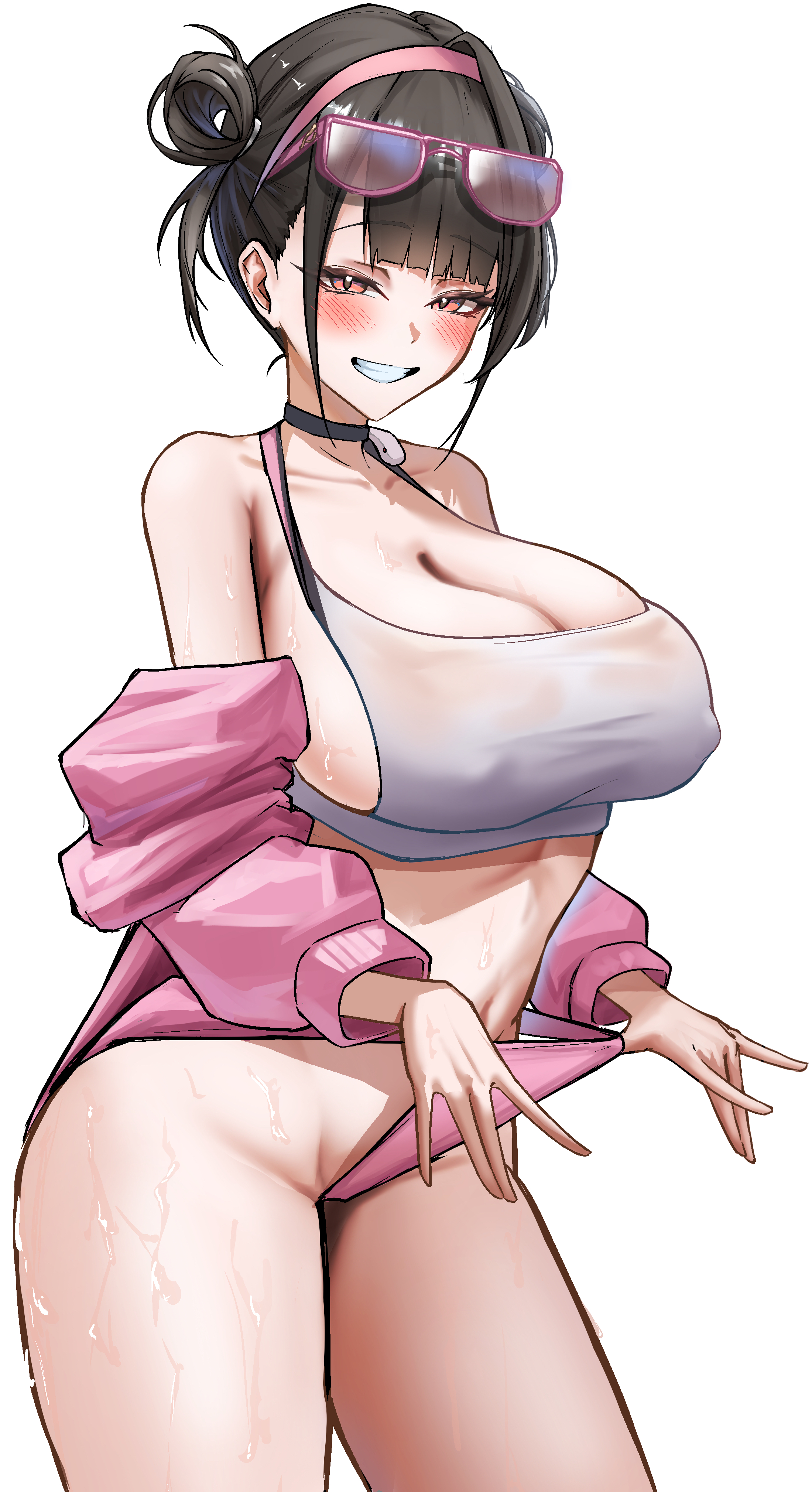 adjusting clothes, areola slip, bare shoulders, black hair, breasts, buruma, choker, cleavage, collarbone, cowboy shot, crop top, da kuronikorasu, female, goddess of victory: nikke, grin, hair bun, hairband, jacket, large breasts, looking at viewer, navel, off shoulder, official alternate costume, pink buruma, pink eyes, pink jacket, sideboob, simple background, smile, smug, solo, sora (nikke), sora (spring flight) (nikke), sportswear, standing, sweat, white background