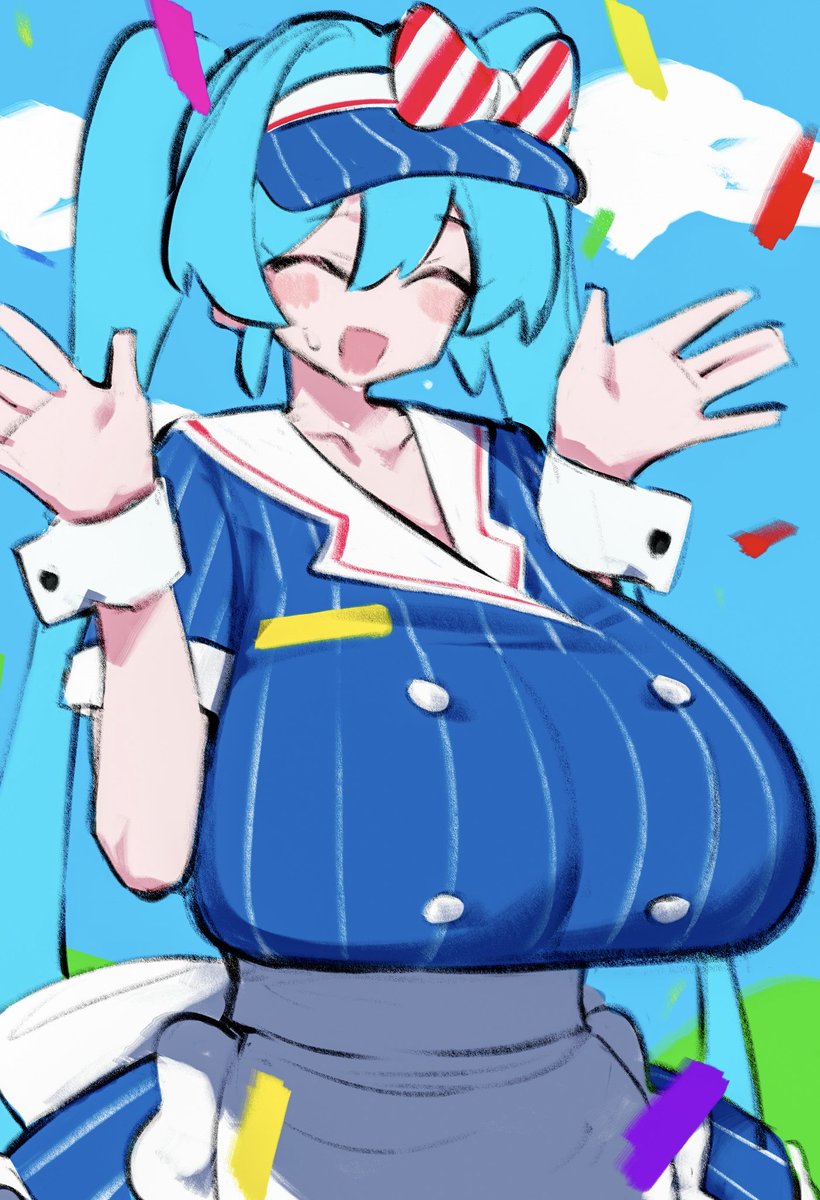 1girl, alternate breast size, apron, aqua hair, bangs, blue hair, blush, bow, breasts, closed eyes, confetti, dress, hands up, hatsune miku, hizake, huge breasts, long hair, mesmerizer (vocaloid), mesmerizer miku, open mouth, sky, smile, solo, striped, tagme, twintails, very long hair, visor cap, vocaloid, waist apron, wrist cuffs
