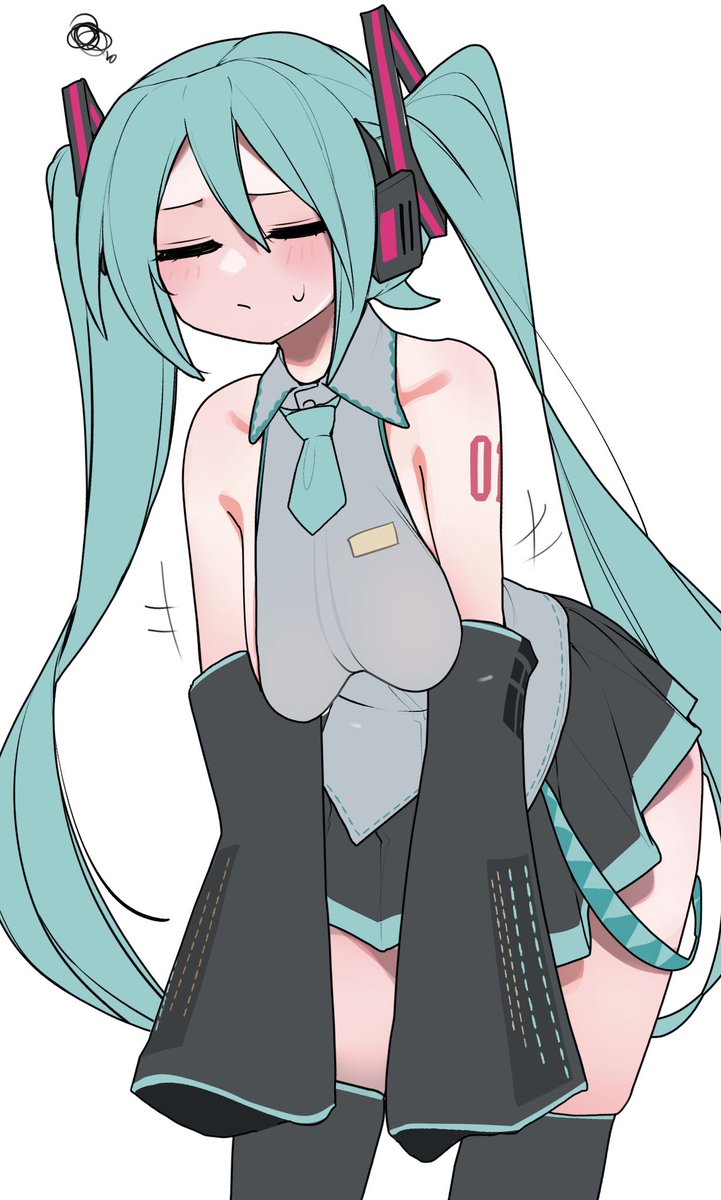 1girl, aqua hair, aqua necktie, bare shoulders, black skirt, black thighhighs, blush, breasts, closed eyes, detached sleeves, grey shirt, hatsune miku, headphones, hizake, large breasts, long hair, necktie, pleated skirt, shirt, simple background, skirt, sleeveless, sleeveless shirt, sleeves past fingers, sleeves past wrists, solo, sweatdrop, tagme, tattoo, thighhighs, twintails, very long hair, vocaloid, white background