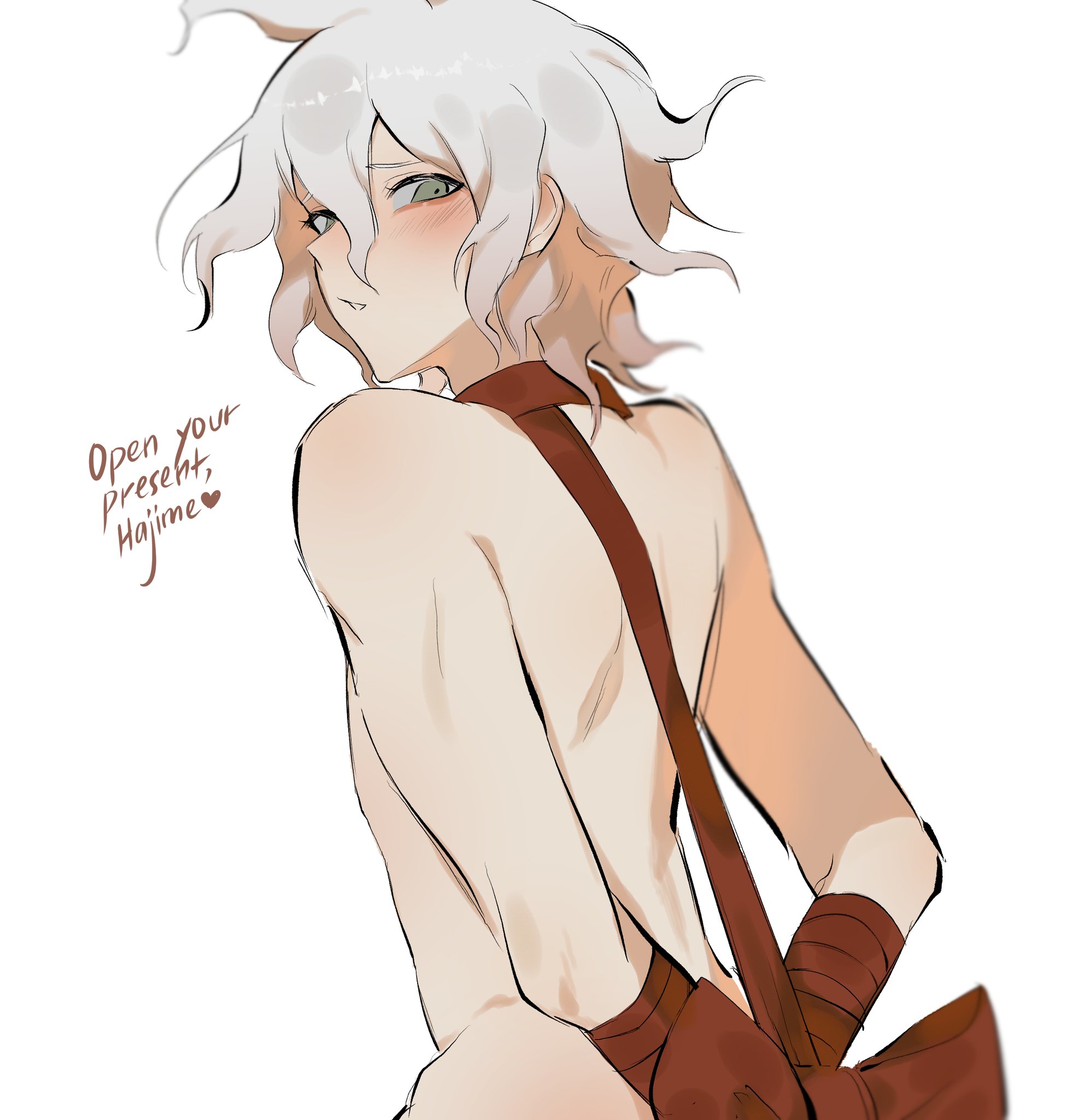 1boy, arms behind back, blush, bondage, bound, bow, danganronpa, danganronpa 2: goodbye despair, embarrassed, english text, from behind, gay, gift, grey eyes, heart, light skin, light-skinned male, looking at viewer, looking back, male, male focus, male only, male/male, nagito komaeda, red ribbon, restrained, ribbon, ribbon bondage, solo, straight hair, text, tied, tied up, upper body, white hair, wrviina