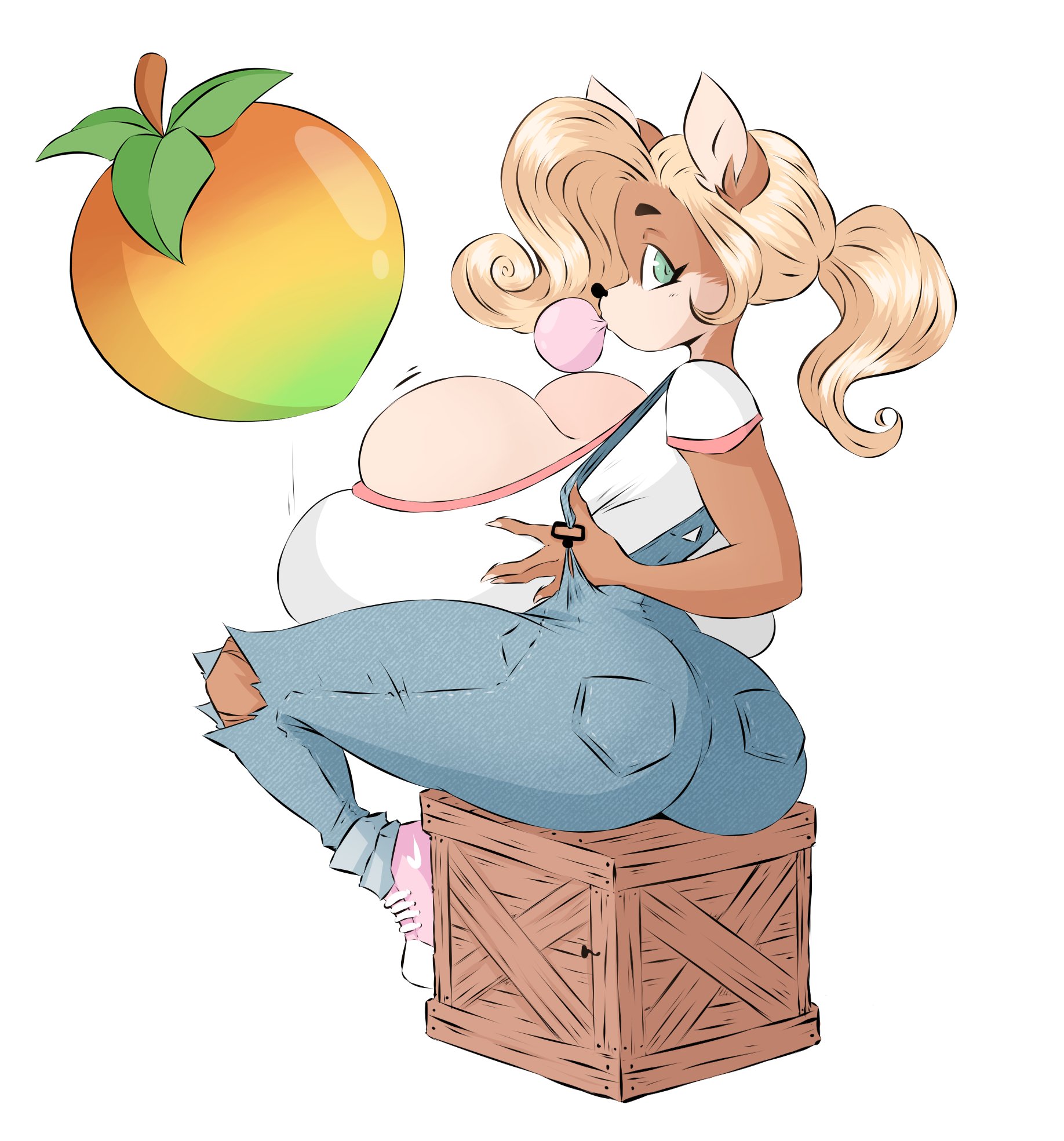 alternate breast size, anthro, big breasts, blonde hair, breasts, clothed, clothing, coco bandicoot, crash (series), dullvivid, female, huge breasts, hyper, hyper breasts, large breasts, sitting, solo, tagme