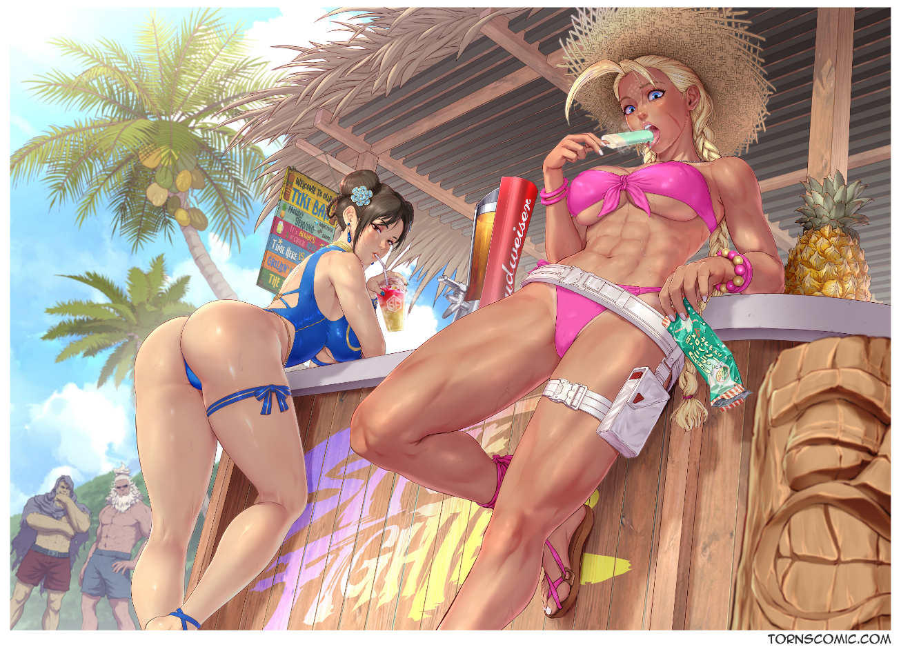 2girls, bikini, cammy white, cammy white (street fighter 6), chun-li, chun-li (street fighter 6), dutch angle, straw hat, street fighter, street fighter 6, swimsuit, tan skin, tiki bar, torn-s, underboob