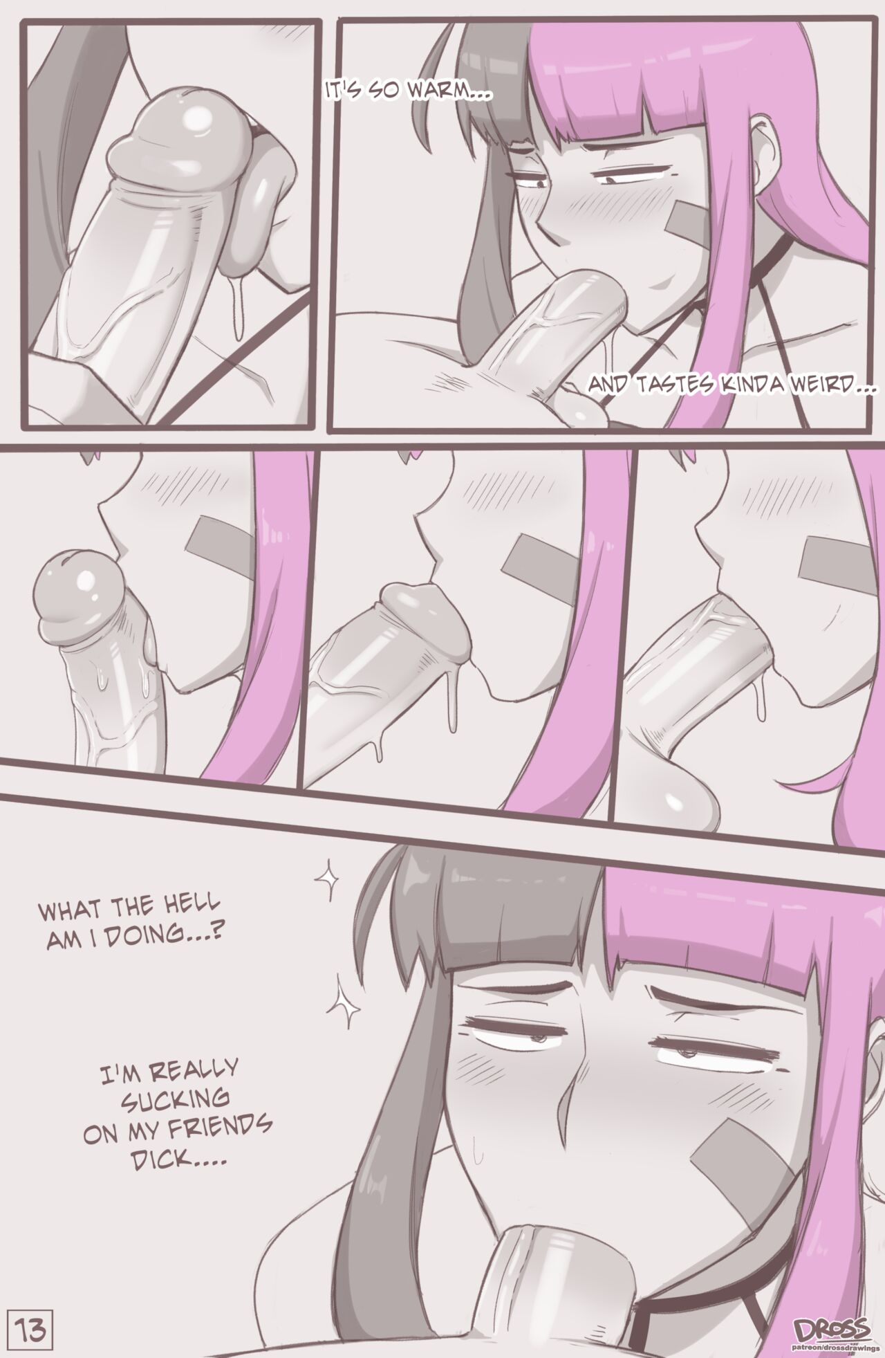 2boys bandage bandaid best_friends black_hair blushing choker clothed clothing comic crossdressing deepthroat drooling dross egirl english_text eye_contact faceless_male fellatio femboy first_deepthroat first_oral fringe gay girly hands-free hime_cut licking_penis monochrome multicolored_hair oral original original_character penis pink_hair purple_hair retracted_foreskin skater_boi_(dross) sparkles taylor_(dross) text tongue two_tone_hair yaoi