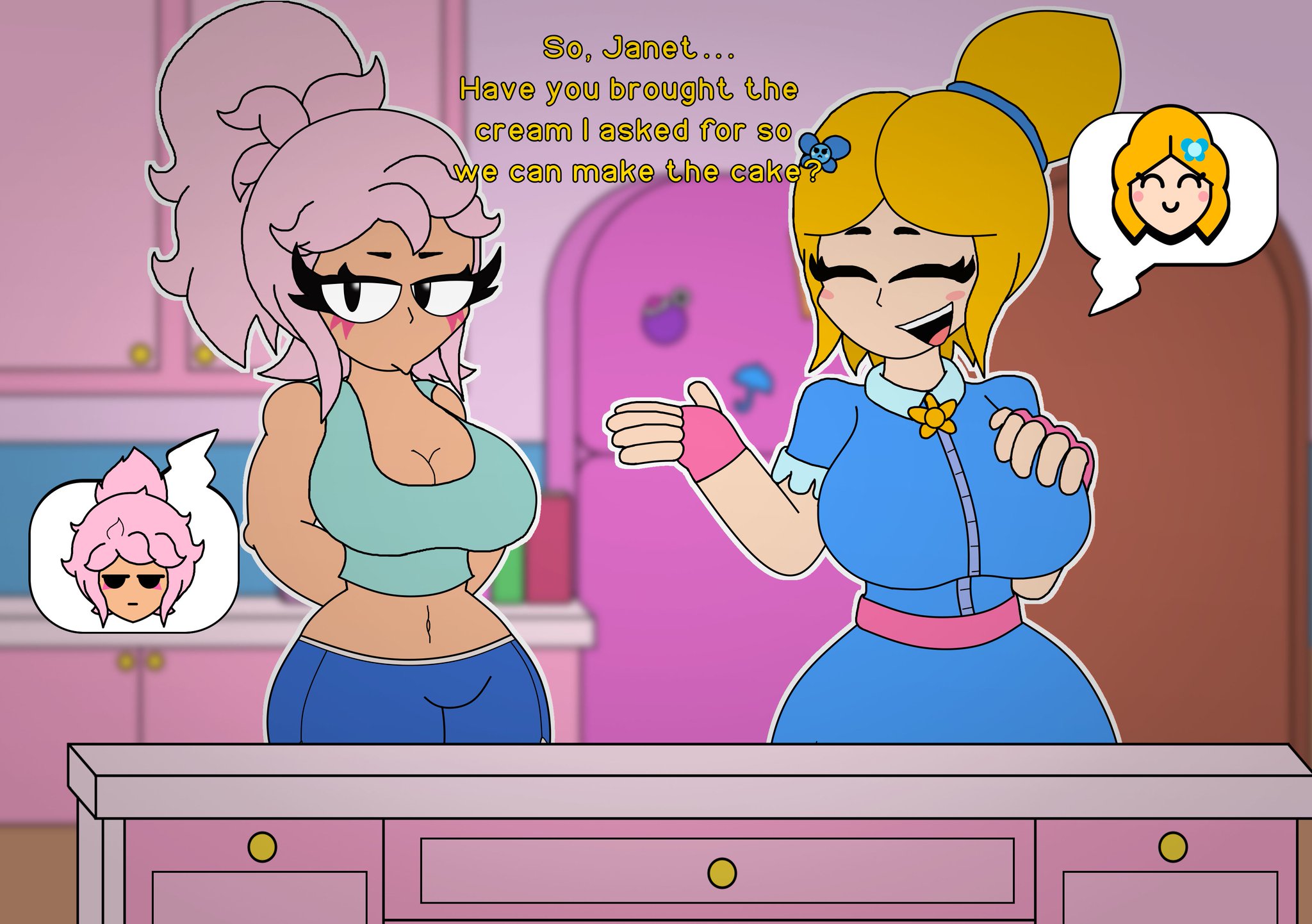 1futa, 2girls, blonde hair, brawl stars, dialogue, dickgirl, female, female focus, futanari, janet (brawl stars), pink hair, piper (brawl stars), sex, smile, text, verdoshonsfw