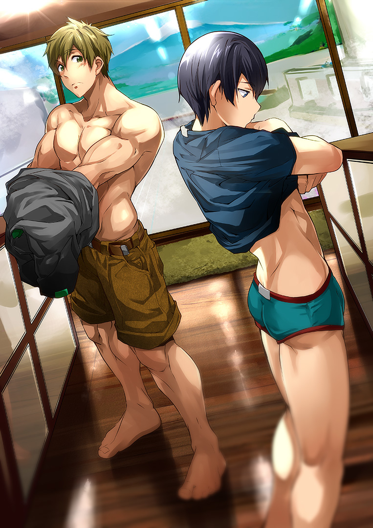 2boys briefs free! gay male male_only muscular nanase_haruka_(free!) shirtless tachibana_makoto tagme undressing watching