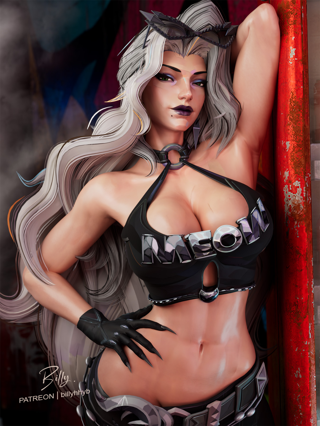 1girls, 3d, arm up, armpits, athletic, athletic female, big breasts, billyhhyb, black cat (marvel rivals), black cat (marvel), black cat (urban predator), clothing, felicia hardy, female torso, gloves, long hair, looking at viewer, marvel, marvel comics, marvel rivals, solo