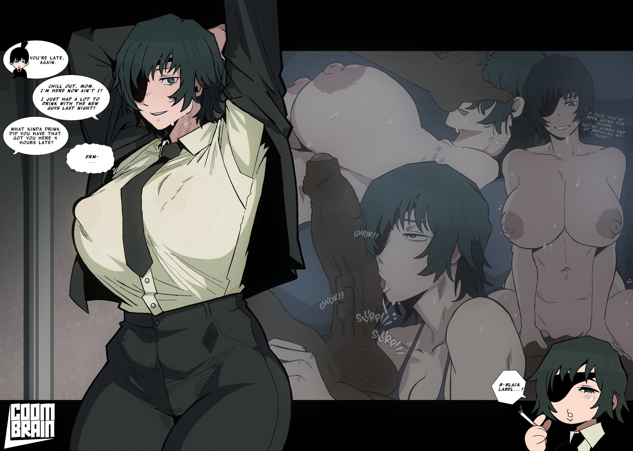 after sex, anonymous male, asian, asian female, big breasts, big cock, big dick, big penis, blacked, blush, boobs out, breasts, breasts out, chainsaw man, cigarette, clothed, clothes, clothing, cock, coombrain15, curvaceous, curvaceous body, curvaceous female, curvaceous figure, curvaceous hips, curvy, curvy body, curvy female, curvy figure, dark skin, dark-skinned male, dick, dominant male, duplicate, eyepatch, female, flashback, hayakawa aki, himeno (chainsaw man), hips, interracial, licking, licking penis, male, naked, naked female, nipples, nude female, older female, penis, sexy, short hair, submissive female, thick hips, thick thighs, thighs, tits out, wide hips