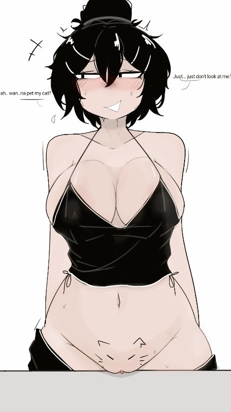 black hair, blush, bottomless, do you want to pet my cat (meme), exposed pussy, female, female focus, female only, huge breasts, jamyun77, large breasts, nervous, pulled down pants, pussy, pussy-cat (meme), short hair