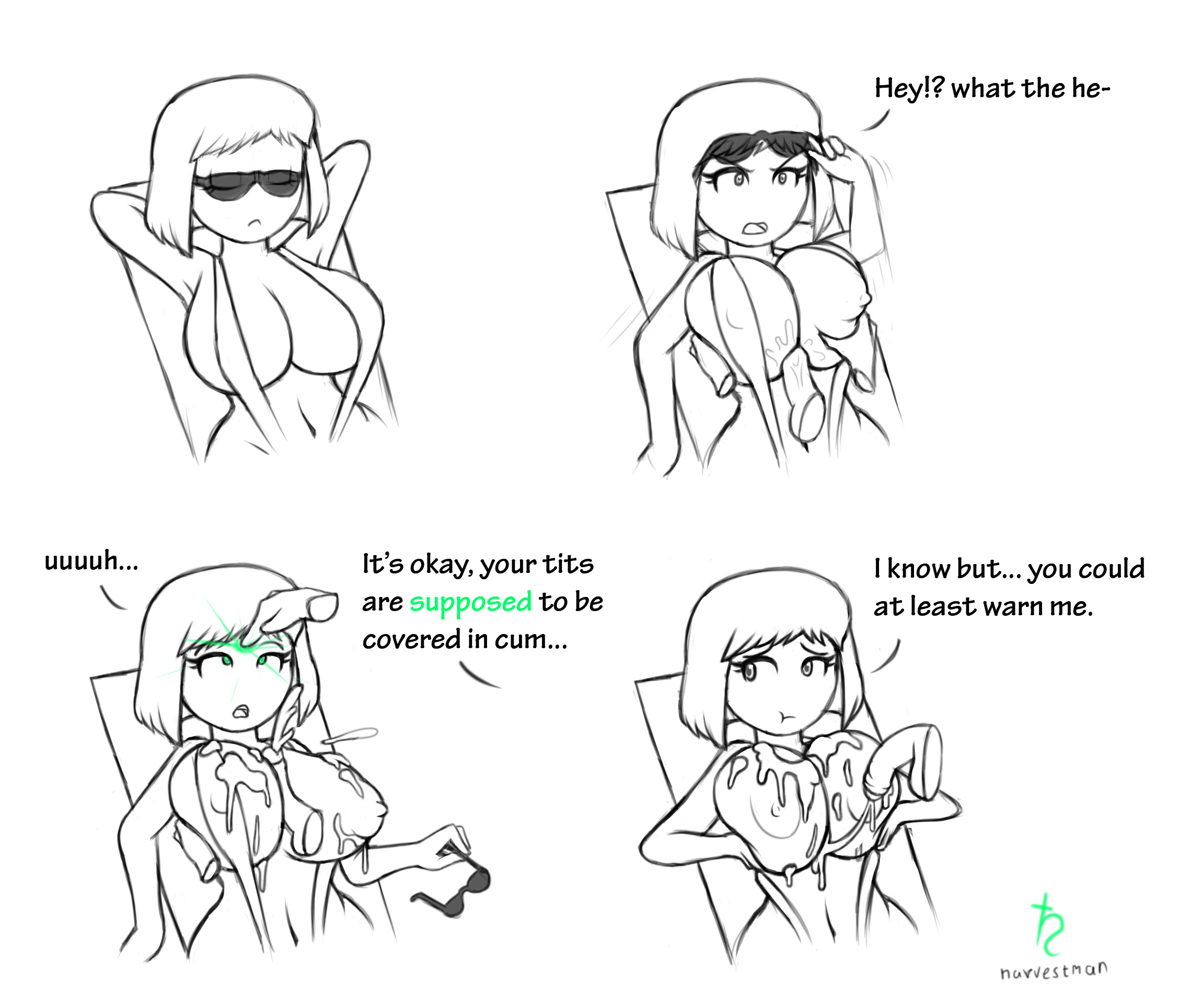 4koma, angry, bikini, boobjob, breasts, comic, complaining, crossed eyes, cum, cum on breasts, eye roll, eyes rolling back, finger to forehead, forehead touch, harvestman here, hypnosis, instant loss, lifting glasses, lifting sunglasses, magic, mind control, natalie (harvestman here), paizuri, penis, pout, pouting, removing glasses, removing sunglasses, sling bikini, sunglasses