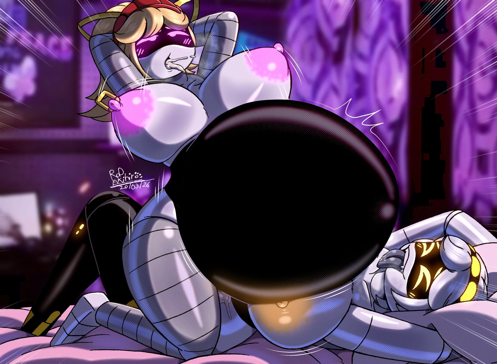 1futa, 1girls, ahe gao, areolae, big belly, blonde hair, bouncing breasts, cum, cum all the way through, cum in pussy, cum inside, cum overflow, cum through, cumflated belly, cumflation, drone, female, female on top, futa on female, futanari, futanari penetrating, girl on top, inflation, light skin, light-skinned female, light-skinned futa, lizzy (murder drones), murder drones, naked, nipple piercing, nipples, nude, nude female, nude futanari, pink nipples, riding, riding penis, robot, rod akihiro, serial designation v, sex, tagme, tail, tongue, tongue out, v (murder drones), voluptuous, white hair, yellow nipples