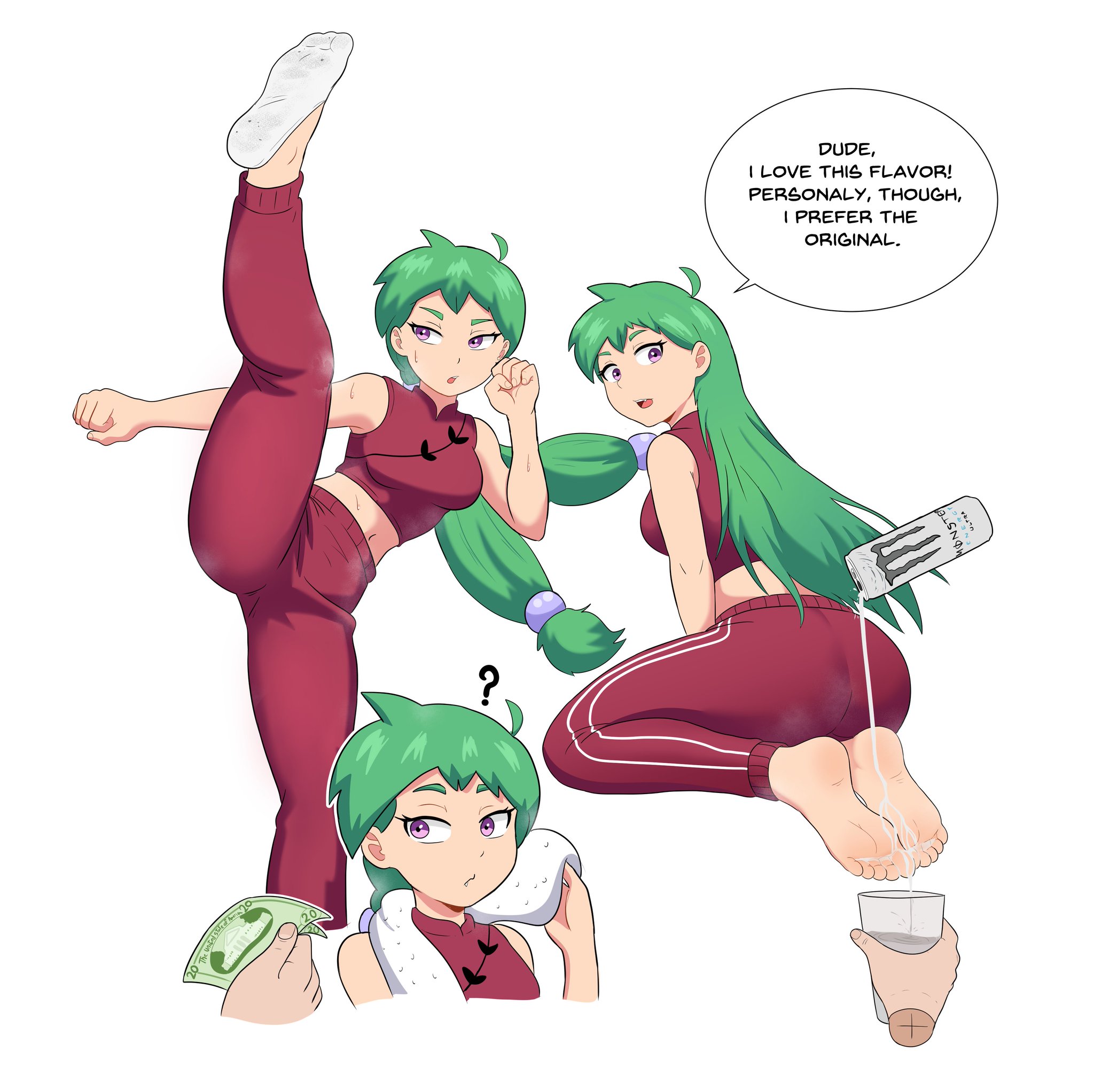 1girls, absurdres, alt girl, barefoot, character request, confused look, dialogue, dialogue bubble, dollar bills, feet, feet together, female fighter, female focus, female only, foot fetish, foot fetish validation, foot focus, foot play, foot worship, giving money, green hair, heel sock, highres, long hair, martial artist, martial arts uniform, monster energy, monster energy drink, oc, original character, paying, post workout, pouring drink, pouring on feet, presenting feet, purple eyes, short socks, showing feet, smelly feet, soles, soles fetish, sweat, sweating, sweaty feet, taterdouce, toes, tomboy, tough girl, towel, white background, white monster, white socks