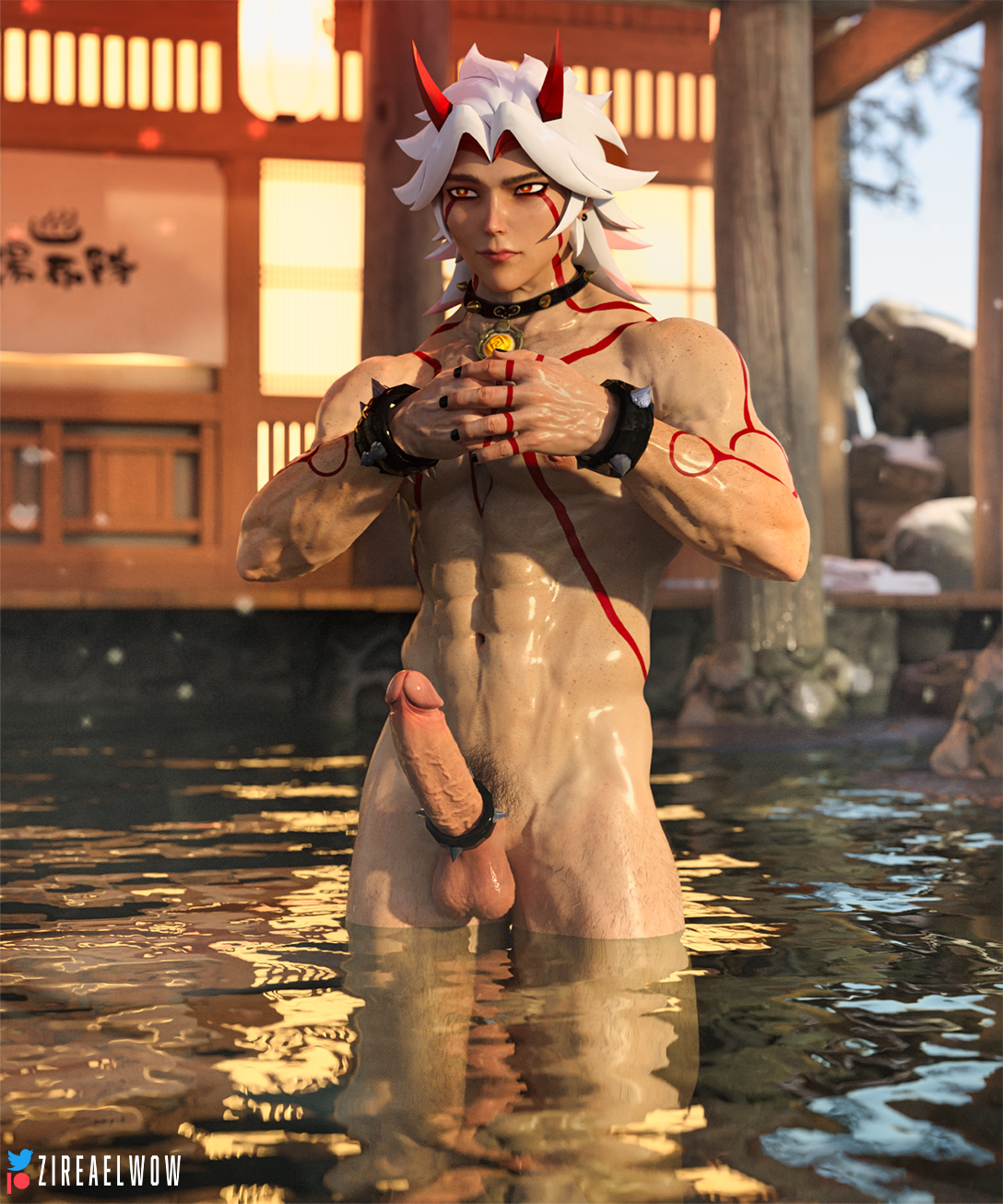 1boy, 3d, arataki itto, bara, big penis, black nails, body markings, cock ring, erection, genshin impact, horns, male, male only, muscular, orange eyes, penis, solo, spiked bracelet, spiked cock ring, spiked collar, veiny penis, wet, yaoi, zireael