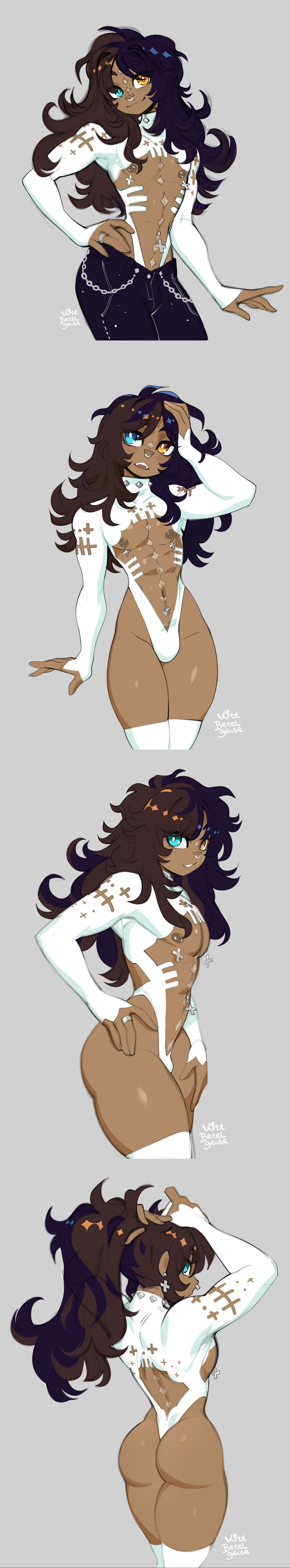 1boy, ass, athletic, athletic femboy, athletic male, back view, behind view, belly button piercing, black hair, blue eyes, body markings, bodysuit, bodysuit under clothes, brown hair, bulge, bulge through clothing, chest window, dark-skinned femboy, dark-skinned male, dark-skinned twink, dat ass, different angle, different angles, female, femboy only, feminine male, fit, fit femboy, fit male, form fitting, front view, fully clothed, hand on head, hand on hip, heterochromia, kittbetelgeuse, leotard, long hair, looking at viewer, looking back, looking back at viewer, male only, multicolored hair, muscular femboy, nipple piercing, no pants, nose piercing, pants, partially clothed, pretty boy, ring, scars, scars all over, seph (kittbetelgeuse), side view, solo male, thigh highs, thighhighs, thong, thong leotard, tight clothing, twink, two-tone hair, tying hair, yellow eyes