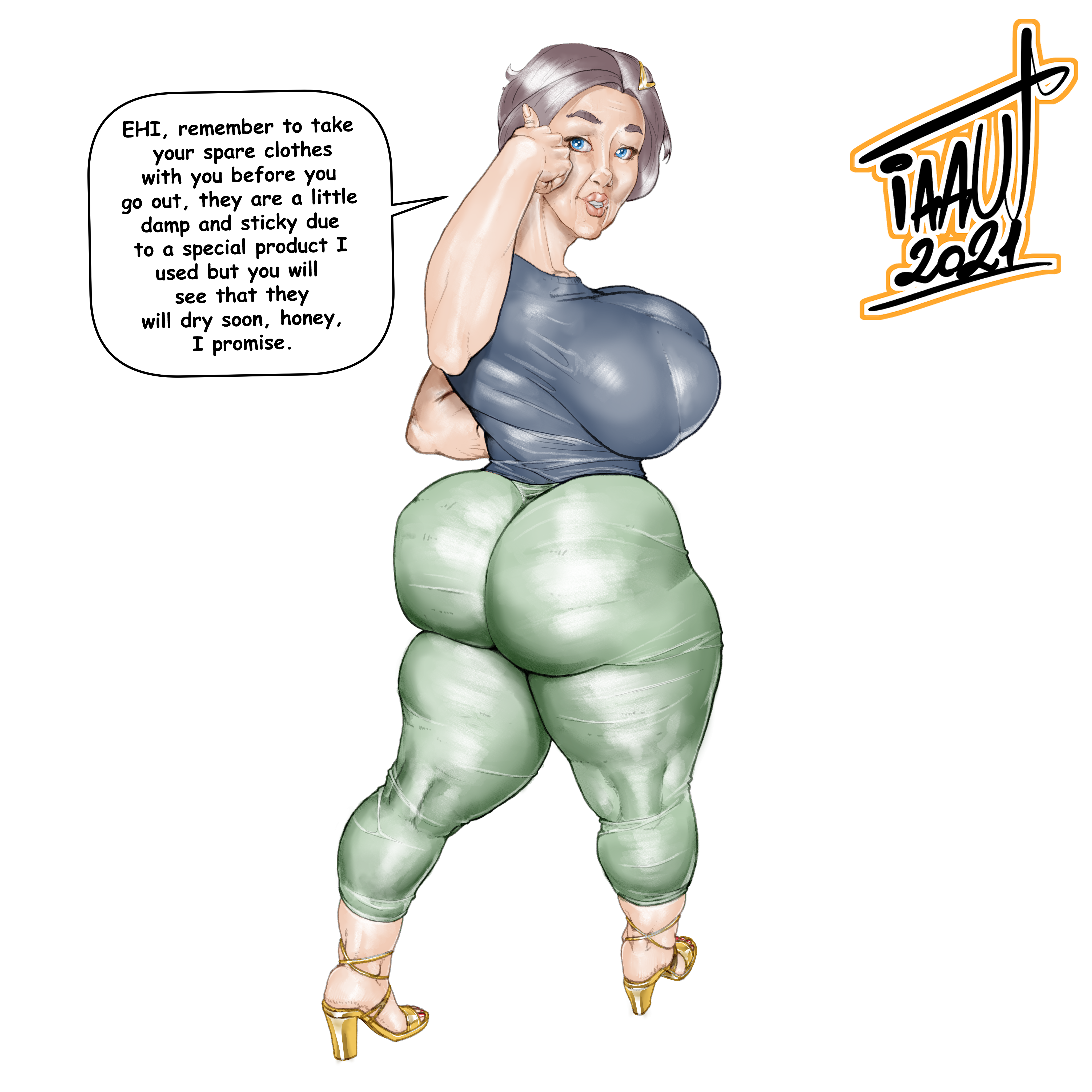 1girls, ass, boobs and butt pose, bralines, breasts, chubby, female, grace (pokemon), high heels, huge ass, huge breasts, iaaut, looking at viewer, looking back, milf, pants, pokemon, pokemon xy, shirt, solo, thick thighs, tight clothing, tight pants, white background