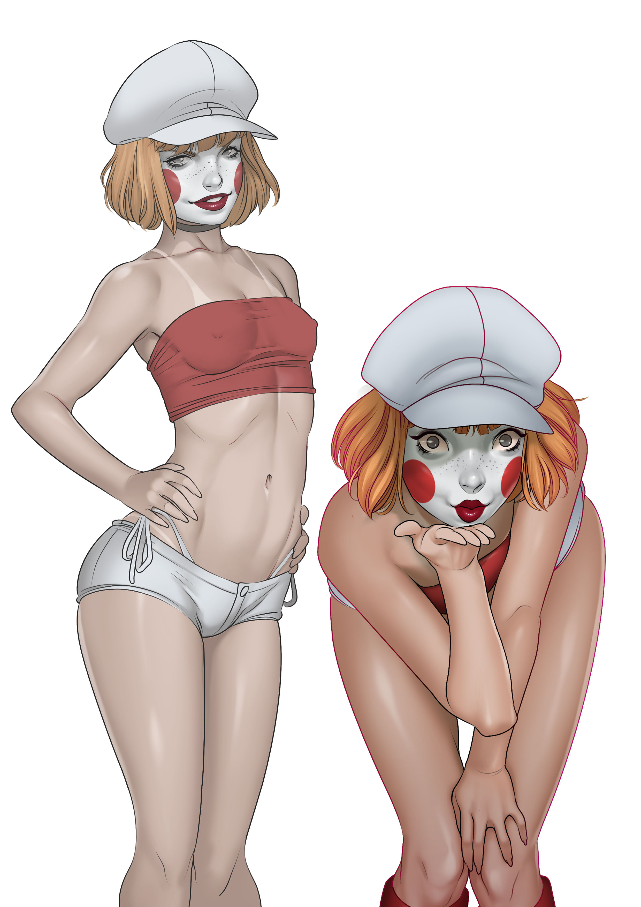 2girls, batman (series), batman beyond, bent over, blowing kiss, boots, breasts, dc comics, dee dees, erect nipples, facepaint, female, female only, freckles, hat, lipstick, nipple bulge, orange hair, red lipstick, shorts, sisters, tanline, tarjapreta, twins