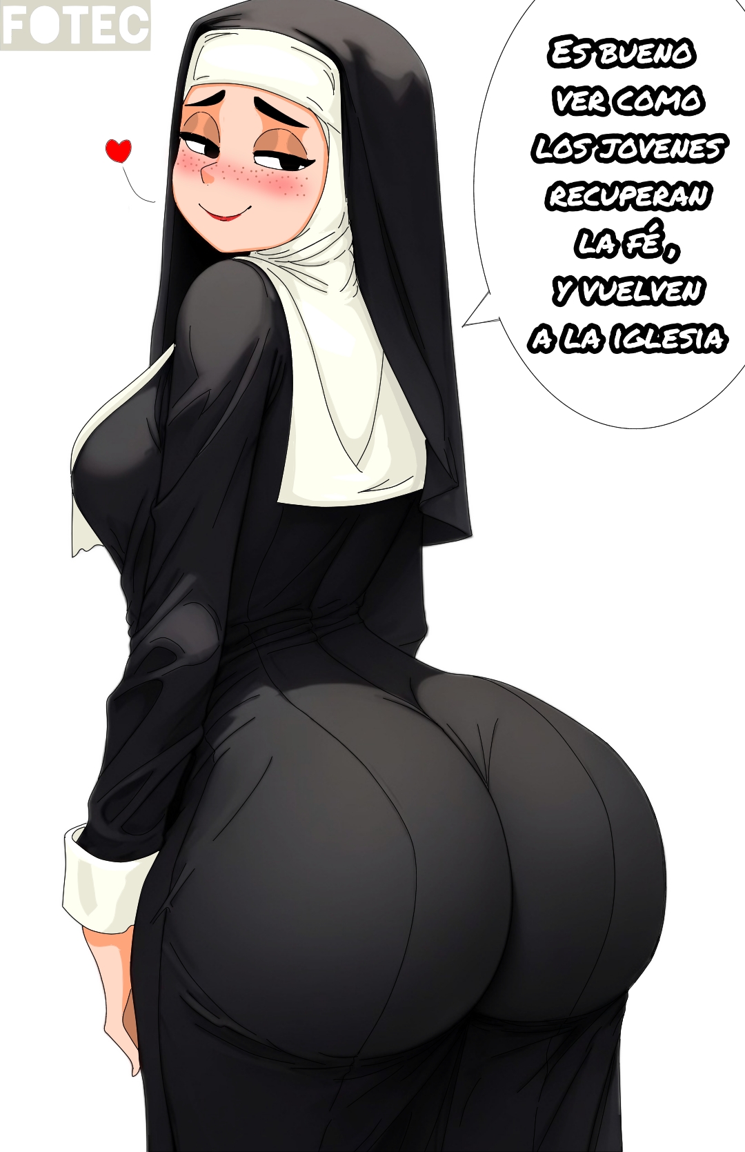 ass, ass bigger than head, ass focus, big ass, big butt, big thighs, black clothing, black eyes, blush, booty, bubble ass, bubble butt, butt focus, buttocks, dialog, dialogue, fotec, freckles, freckles on face, fully clothed, heart, lips, lipstick, nun, nun costume, nun habit, nun hat, nun outfit, nun's habit, one piece suit, red lipstick, religion, religious, religious clothing, religious girl, religious headwear, round ass, round butt, seducing, seduction, seductive, seductive body, seductive eyes, seductive look, seductive mouth, seductive pose, seductive smile, spanish, spanish dialogue, spanish text, talking, talking to viewer, text, text box, text bubble, thick, thick ass, thick hips, thick thighs, thighhighs, thighs, white clothing