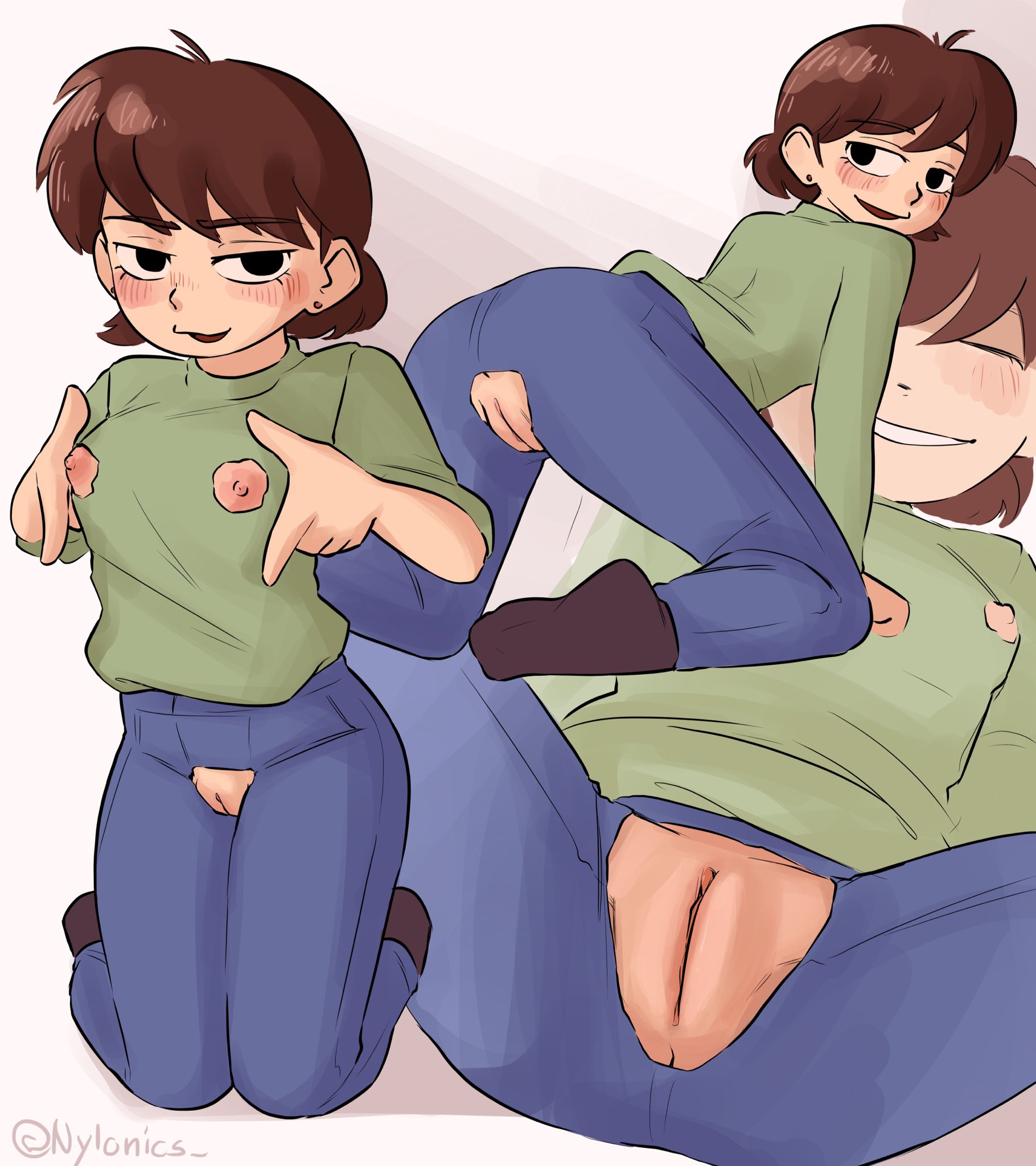 1girls, 2021, all fours, anus, areolae, ass, blush, breasts, brown eyebrows, brown hair, clitoris, closed eyes, crotch cutout, cutout, earrings, female, female focus, female only, hairless pussy, hands and knees, highres, human, jeans, legs spread, looking at viewer, looking back, nipple cutout, nipples, no bra, no panties, nylonics, original, original character, presenting breasts, pussy, shirt, smiling, smug, squeezing breasts together, vagina, viewed from behind